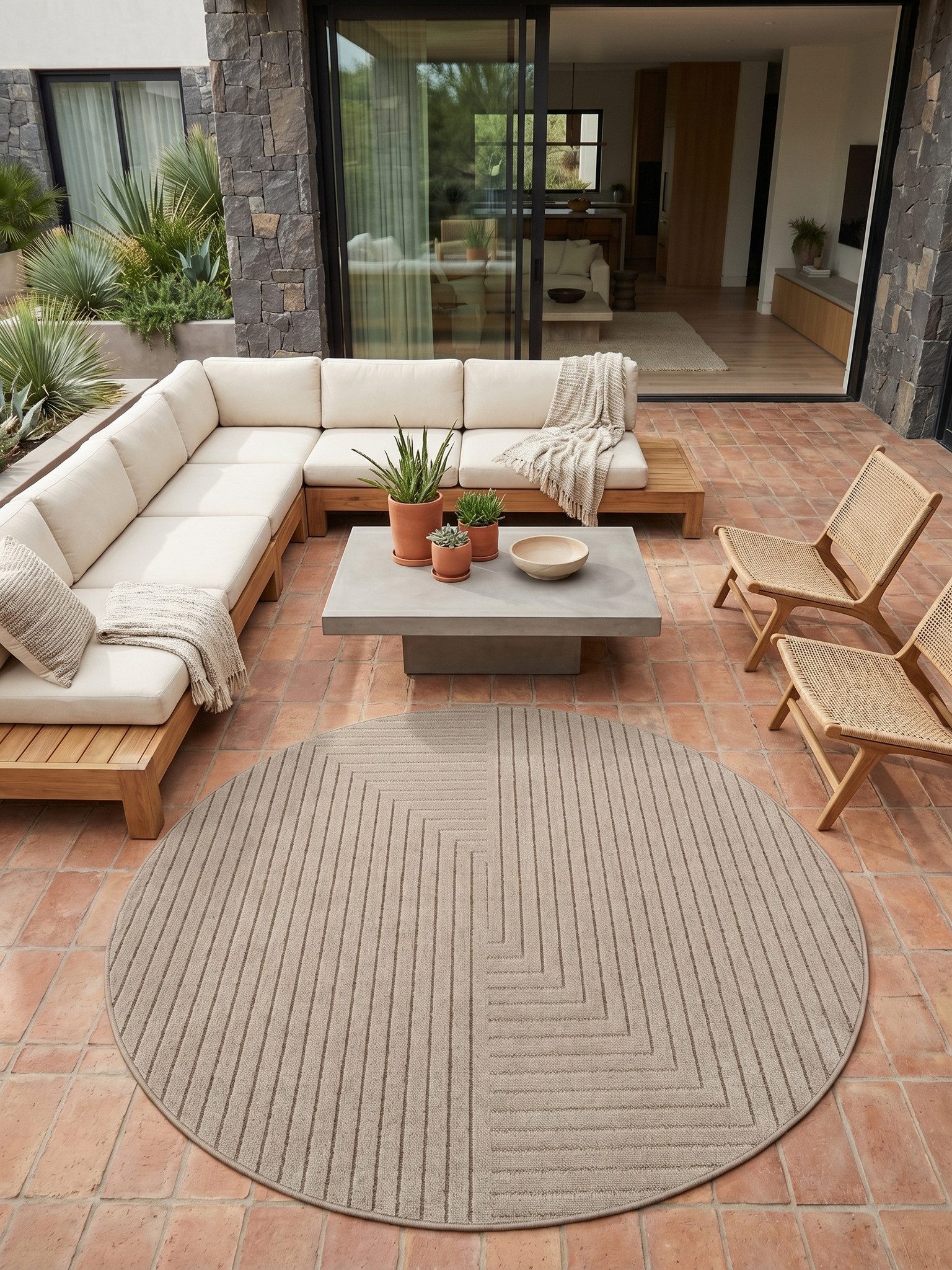 KADIMA DESIGN Teppich ENGADIN Balkon Waschbar Strapazierfähig Balkonteppich Modern 3D, Rund, Höhe: 7 mm, Beige, 80x80 cm, Outdoor Kurzflorteppich Terrasse Wohnzimmerteppich