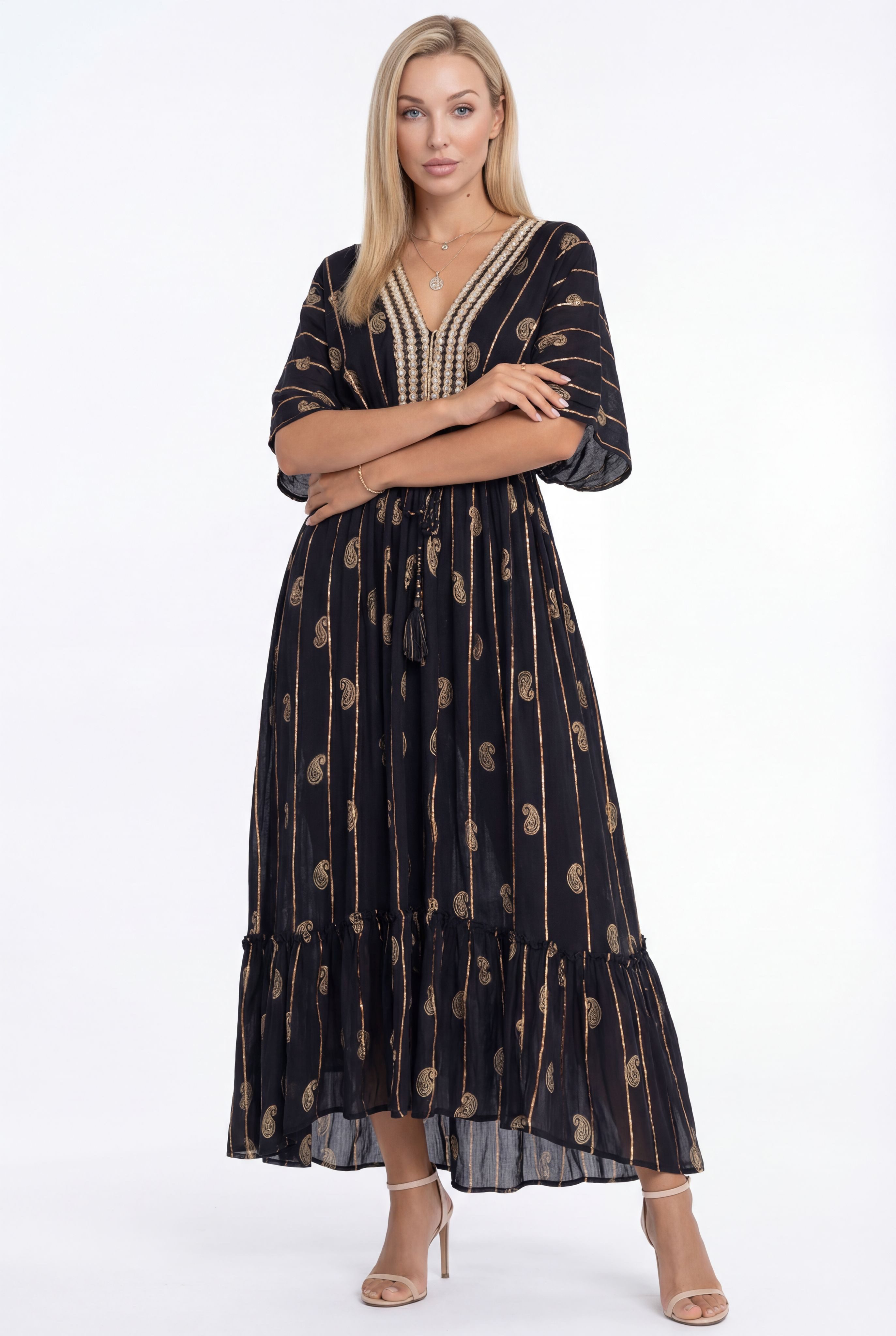 YC Fashion & Style Maxikleid Boho-Sommerkleid mit goldfarbenem Paisley-Print One Size 34-40 aus Visksose