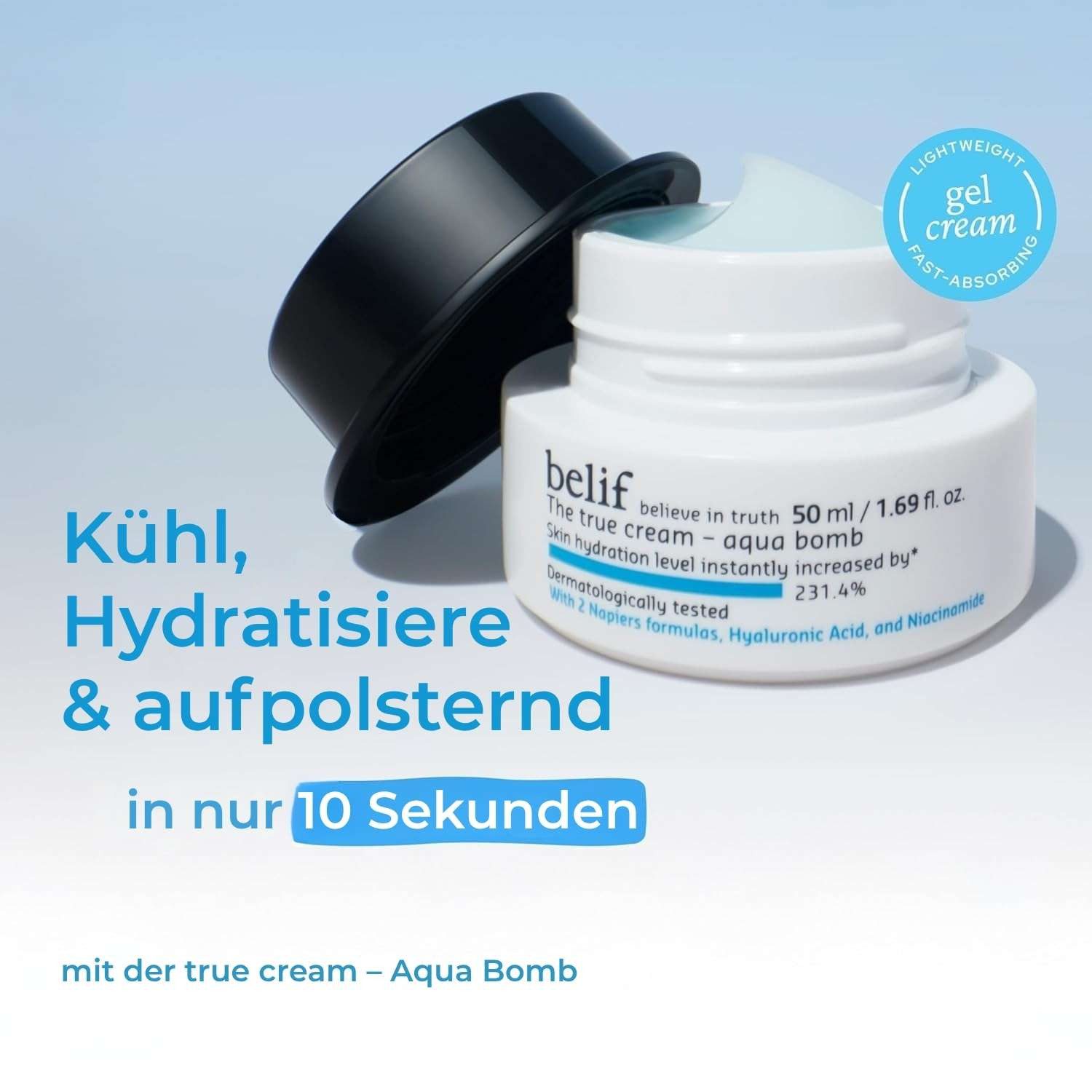 Belif Feuchtigkeitscreme The True Cream Aqua Bomb 50ml – ultraleichte Gel-Feuchtigkeitscreme für Mischhaut & fettige Haut – erfrischende Textur, hydratisiert, intensiv, verfeinert Poren, enthält Frauenmantel & Squalane