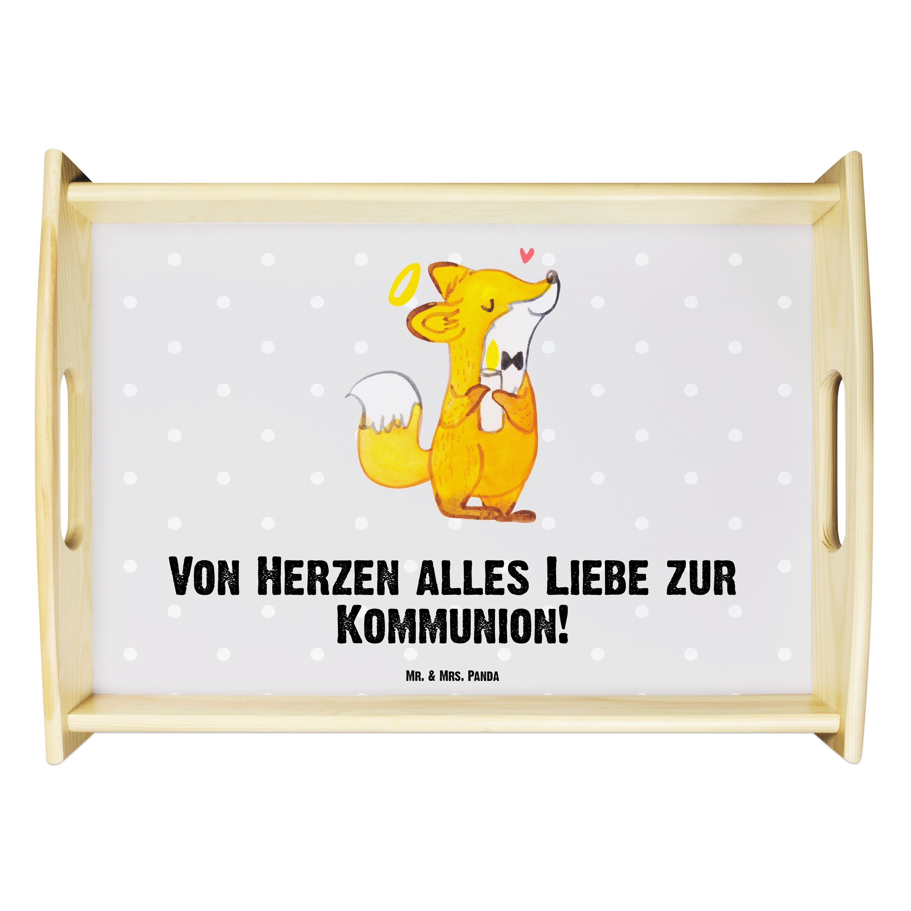 Mr. & Mrs. Panda Tablett Fuchs Kommunion - Grau Pastell - Geschenk, Frühstückstablett, Jugendw, Echtholz lasiert, (1-tlg)