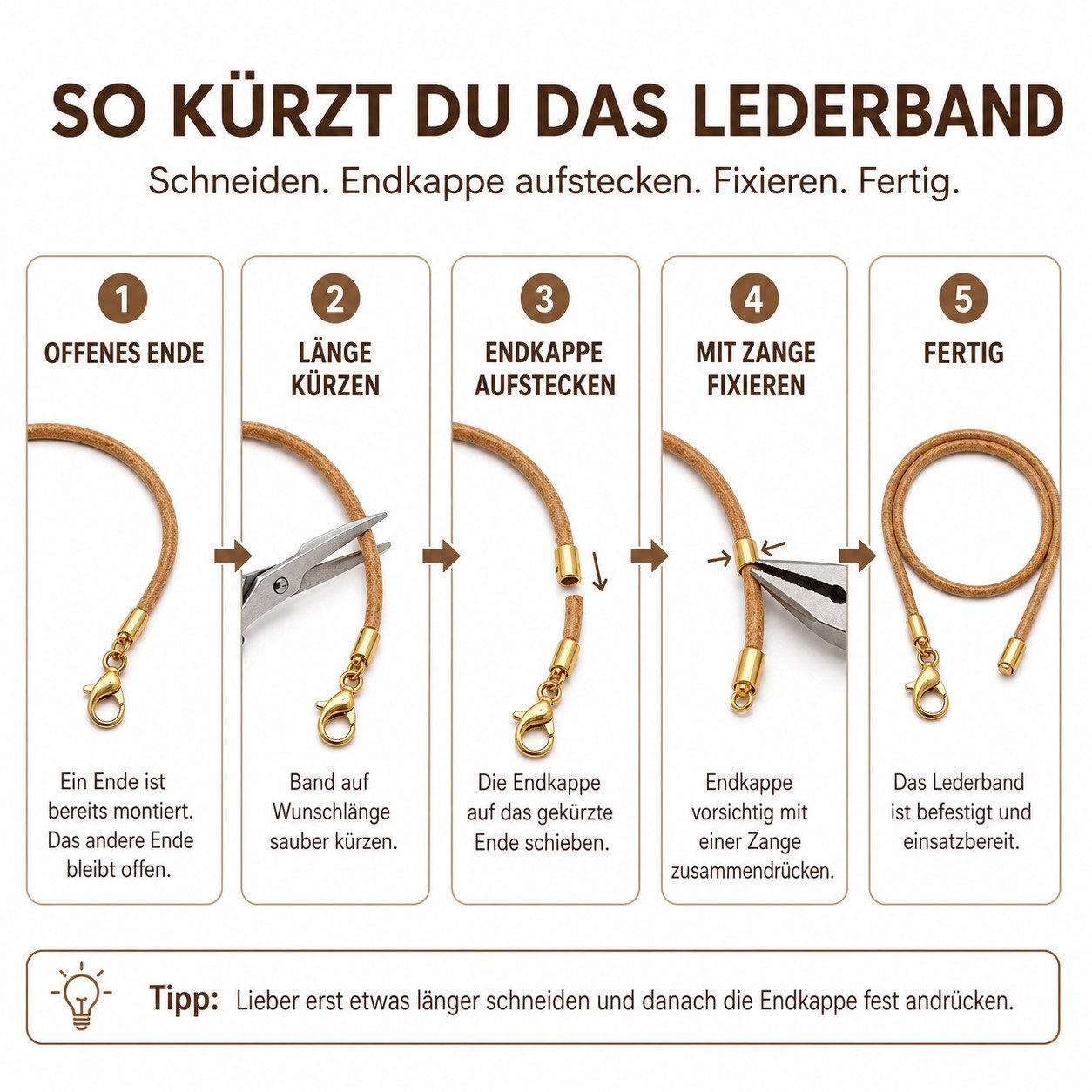 unbespielt Lederband Lederband Hellbraun gefärbt Karabinerverschluss Goldfarben 1 m, Modeschmuck für Damen und Herren