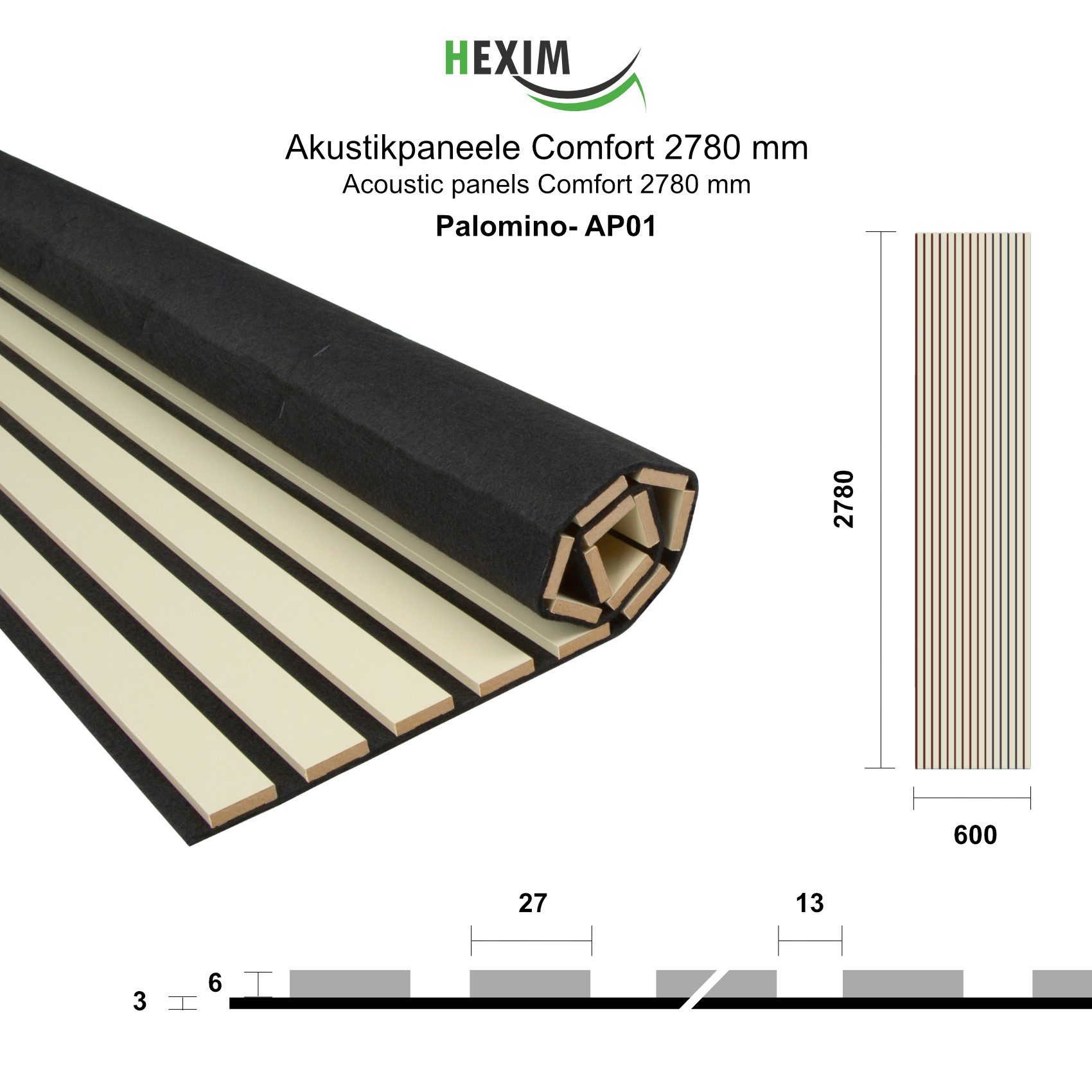 Hexim Wanddekoobjekt AP01 (Akustikpaneele 278x60cm Holz Comfort - flexible Holzpaneele Platten Lamellenwand MDF Wandpaneele Lamellenverkleidung Wandverkleidung schalldämmend 1.67m² Palomino)