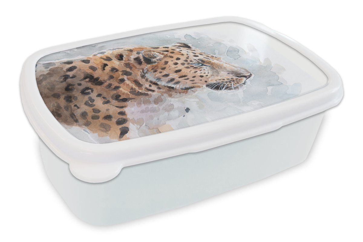 MuchoWow Lunchbox Leopard - Aquarell - Blau, Kunststoff, (2-tlg), Brotbox für Kinder und Erwachsene, Brotdose, für Jungs und Mädchen weiß