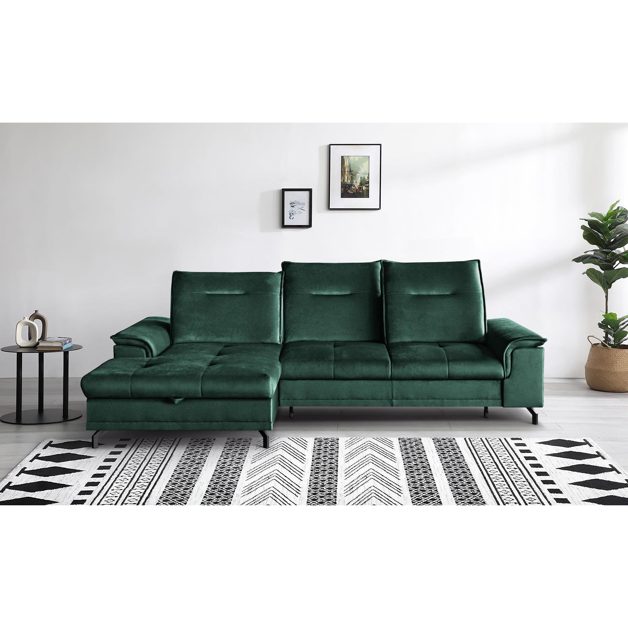 moderne Corner Kopfstützen, Grün Schlafsofa verstellbaren Beautysofa Ecksofa Bettkasten Sitztiefenverstellung, velours, mit Bruno (element mit kleine Ecke 12) aus mini,