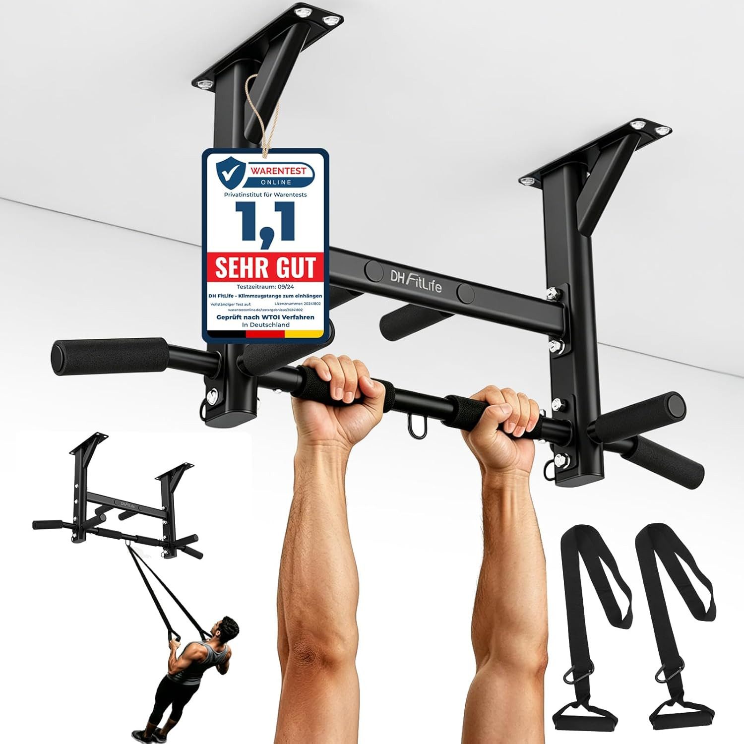 DH FitLife Klimmzugstange 4in1 Deckenmontage bis 300kg für Zuhause (1-tlg., 8 rutschfeste Griffe), Erweiterbar mit Boxsack & Schlingentrainer, stabil & sicher