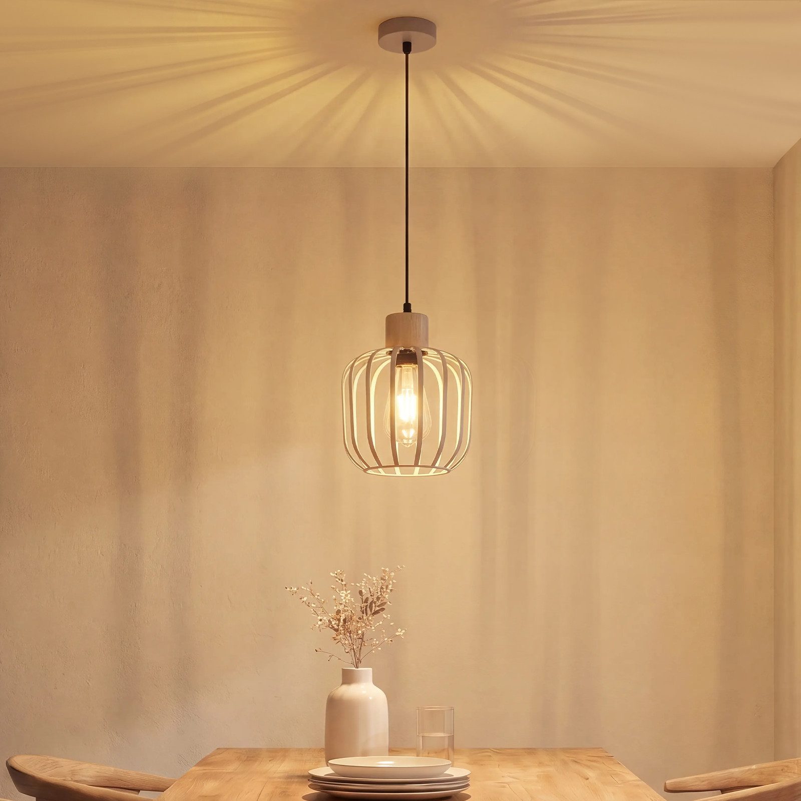 Nettlife Pendelleuchte Weiß/grau 1/3flammig Holz moderne Hängelampe E27 Fassung, ohne Leuchtmittel, für Esstisch Wohnzimmer Küche Flur Kücheninsel – Bild 5 von 5