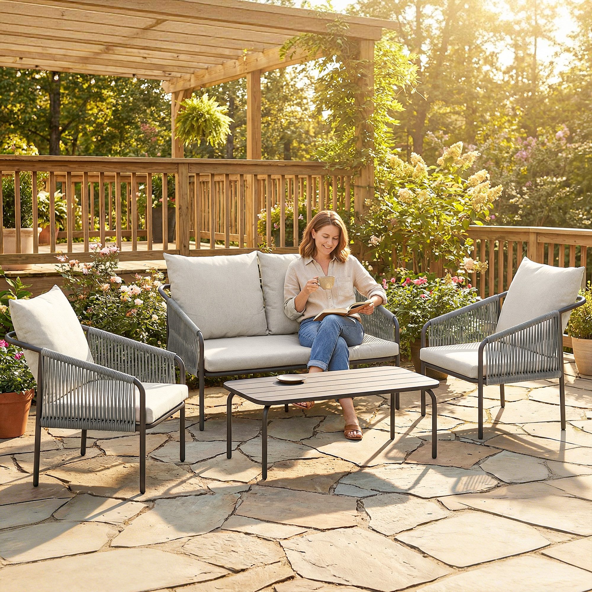 Outsunny Sitzgruppe mit Zweisitzer, 2 Sessel, Couchtisch, abnehmbar Kissen, Bindebändern, (Set, 4-tlg., 1 Tisch, 2 Sessel, 1 Zweisitzer), 4-teilig, inkl. Polster, wetterbeständiges Polyrattan
