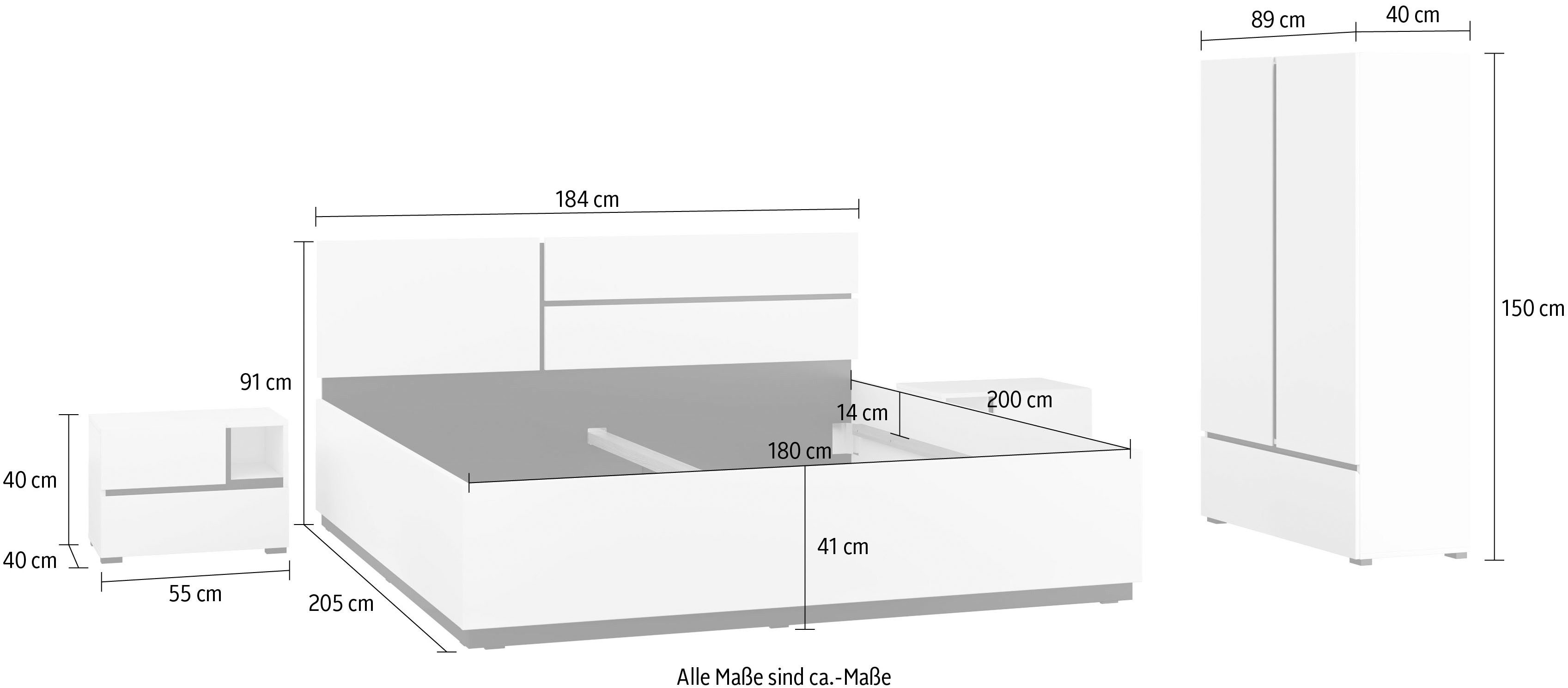 OTTO home Schlafzimmer-Set Cross, moderne, grifflose Optik, FSC-zertifiziert, (4-tlg., Bett 180x200cm, 2 Nachtkommoden, Schrank 2-oder 4-türig), Komplettschlafzimmer-Set