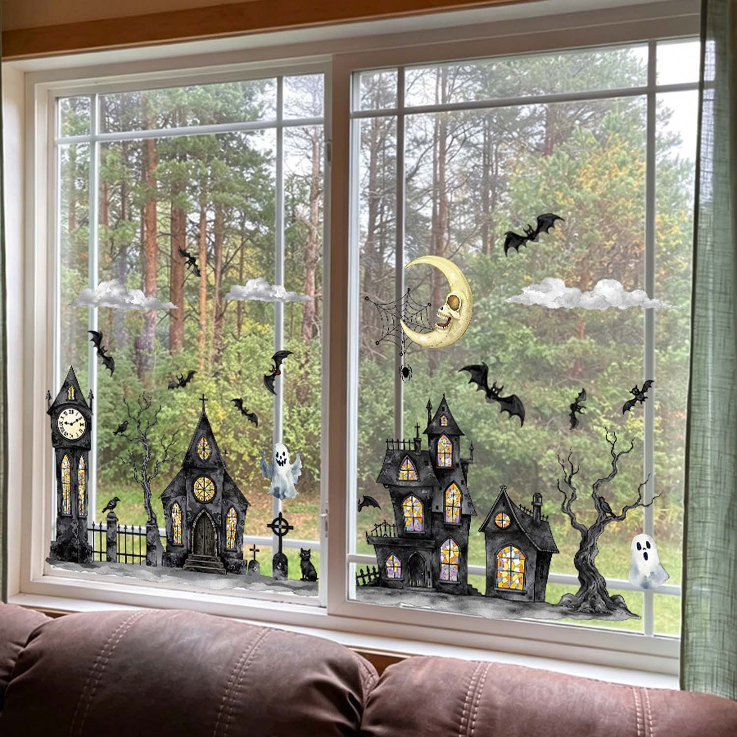Sorvyzxn Fensterbild 2 Stück Halloween Town mit Geisterhäusern & Geistermond Muster – Bild 2 von 5