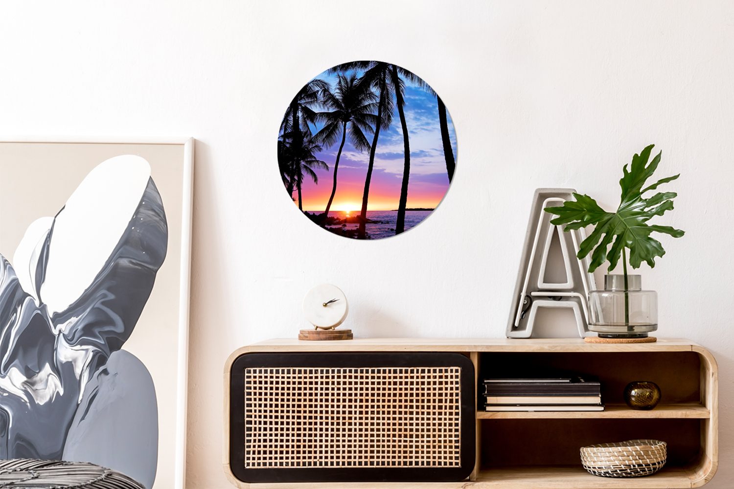 Gemälde Wanddekoration Wandbild, MuchoWow Forex, Silhouette eines Palmen Rundes (1 Hawaii, Sonnenuntergangs Wohnzimmer, St), während von cm auf Kreis Eine 30x30