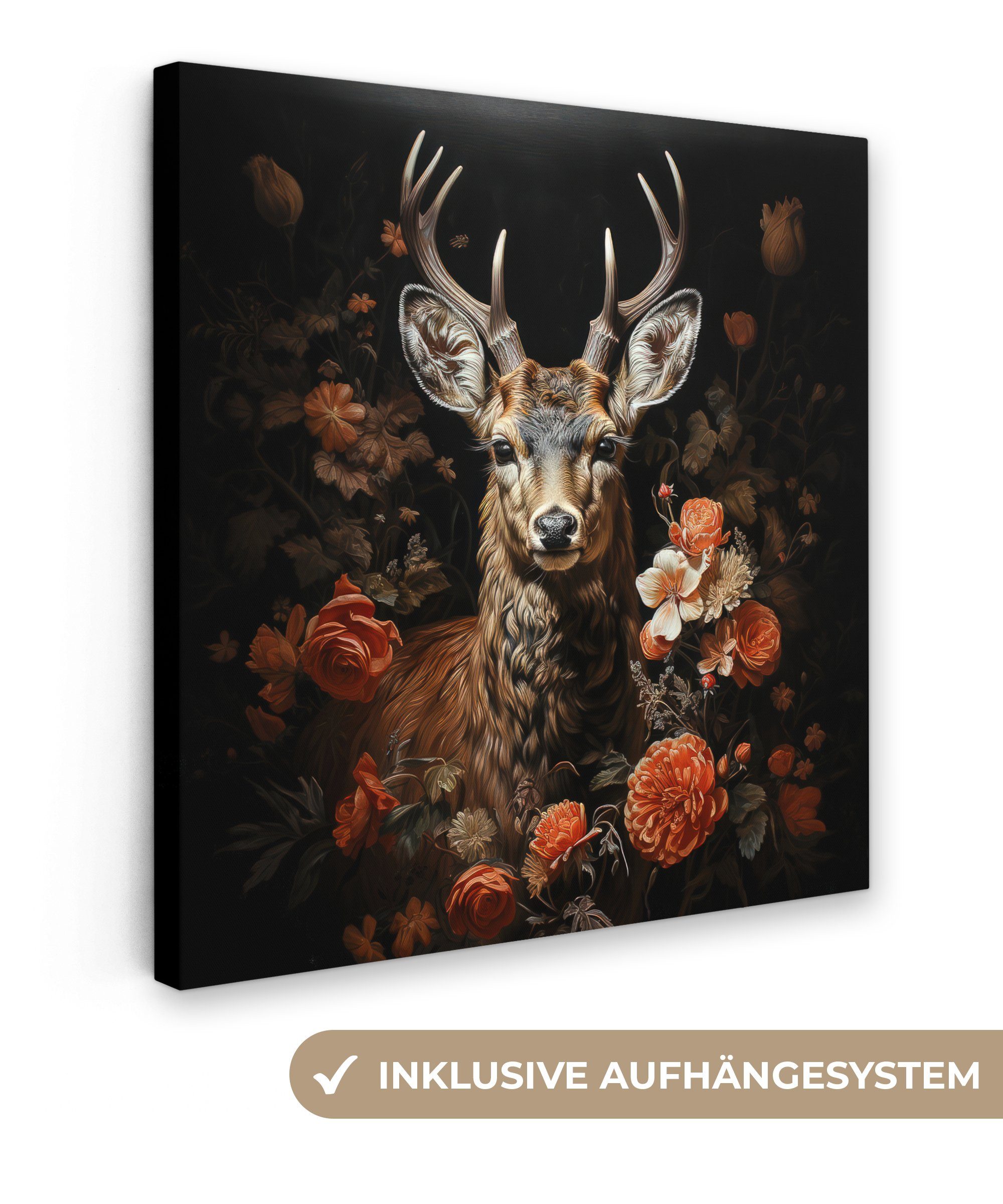 OneMillionCanvasses® Leinwandbild Hirsch - Tier - Blumen - Natur - Botanisch, Fotodruck (1 St), Wandbild, Deko Schlafzimmer Wohnzimmer Flur 20x20 cm