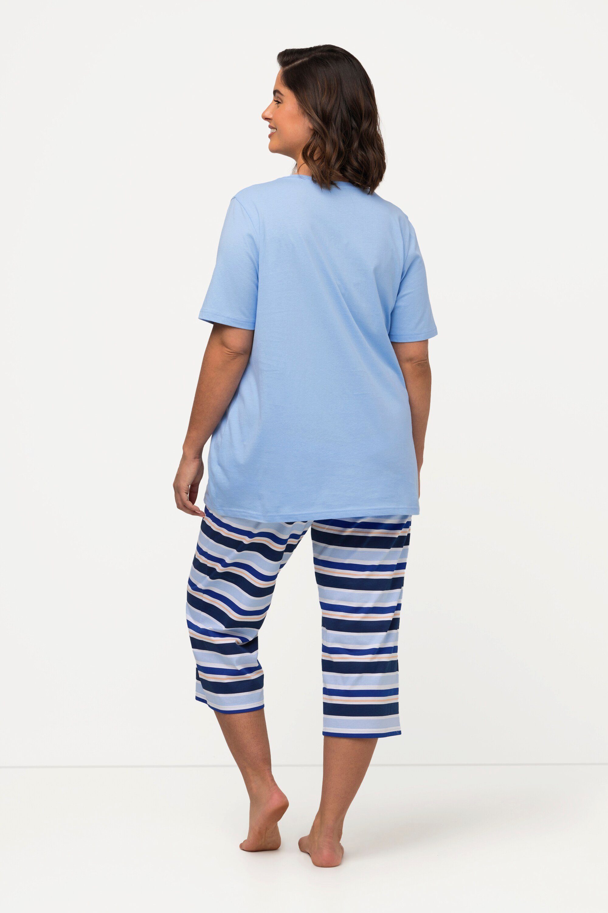 Halbarm eisblau Ulla Pyjama Ringel Pyjama 3/4-Hose Rundhals Popken