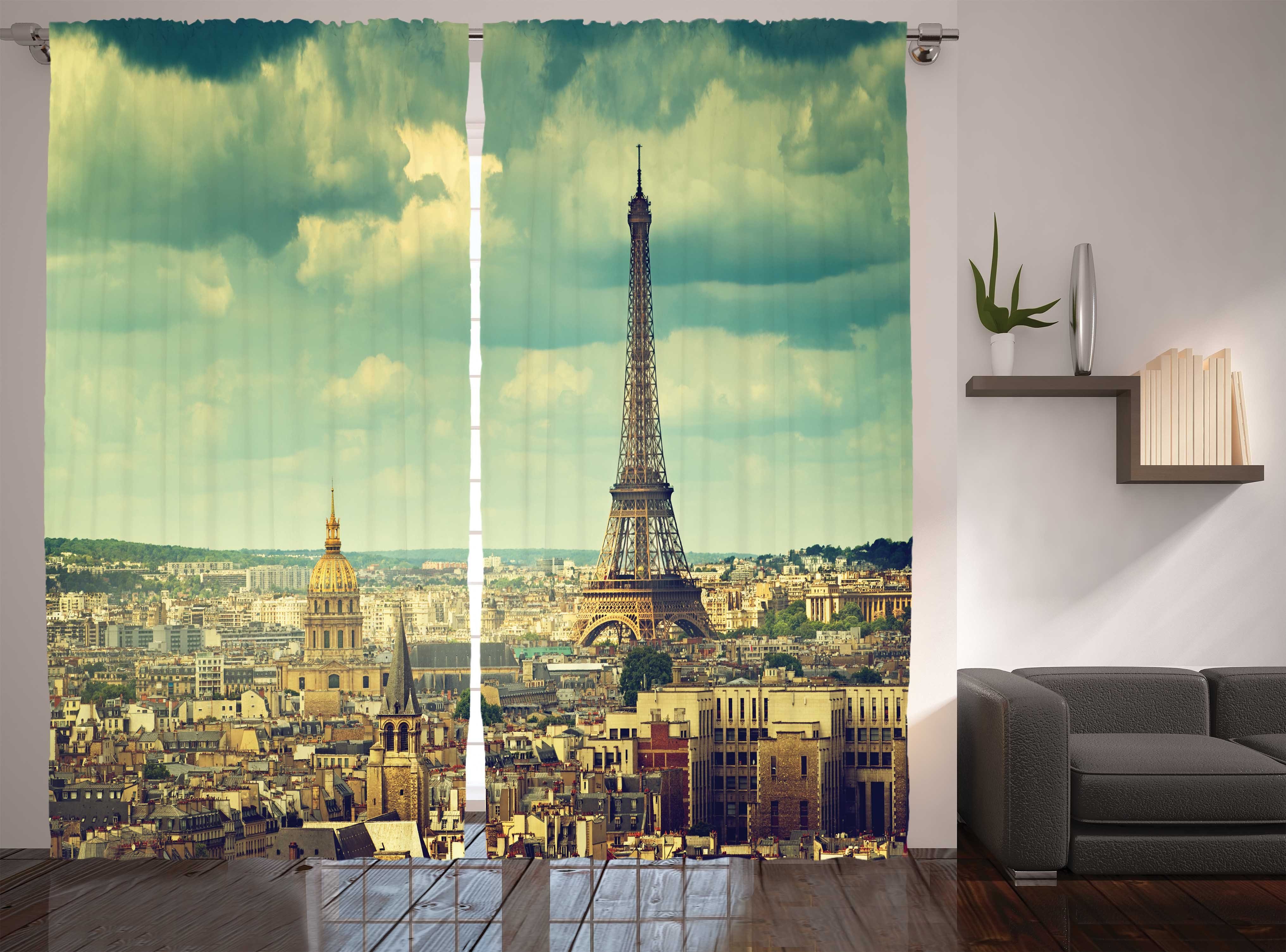 Gardine Schlafzimmer Kräuselband Vorhang mit Schlaufen und Haken, Abakuhaus, Eiffelturm Gebäude Luftaufnahme | Fertiggardinen