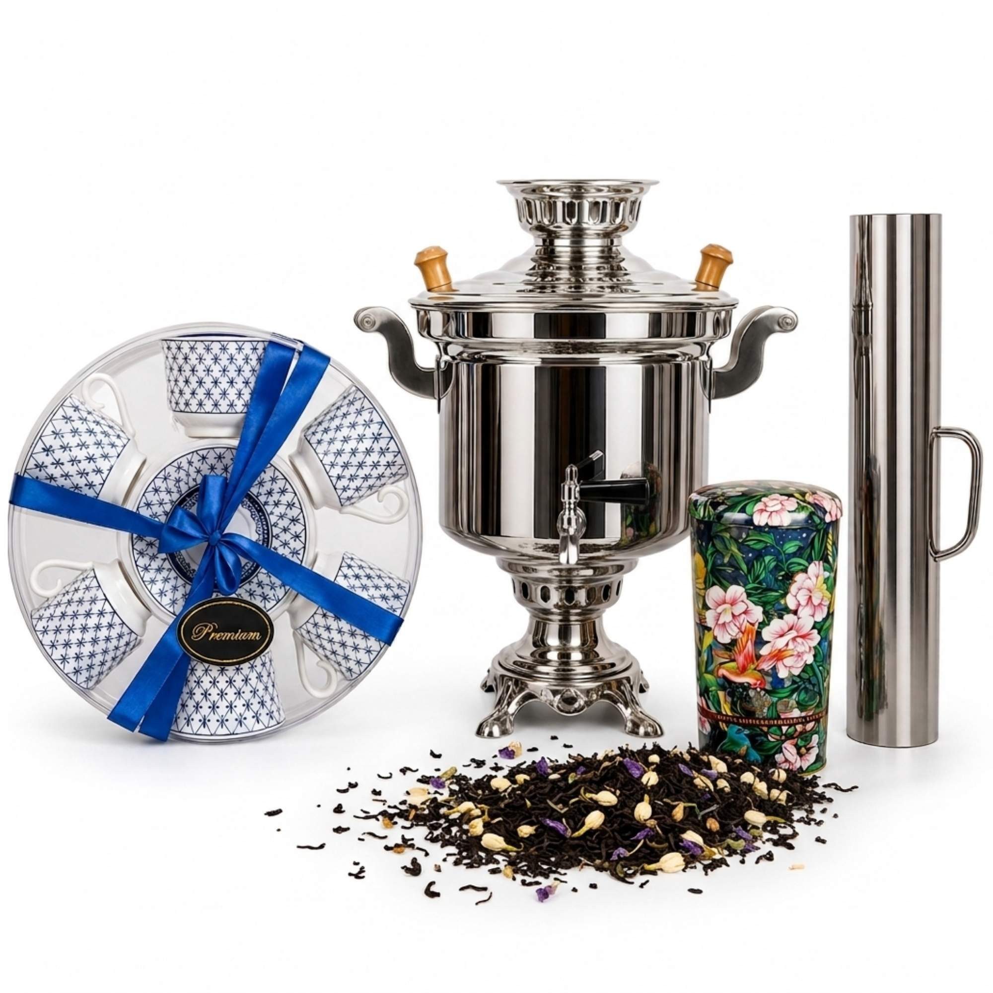 BIG-PAN Teeservice Traditionelles Samowar Komplettset 5L Edelstahl Rauchrohr Tassen (12-tlg), 6 Personen, Edelstahl, Porzellan, Holzkohle Teemaschine Schornstein Geschirr-Set Premium Ceylon Tee