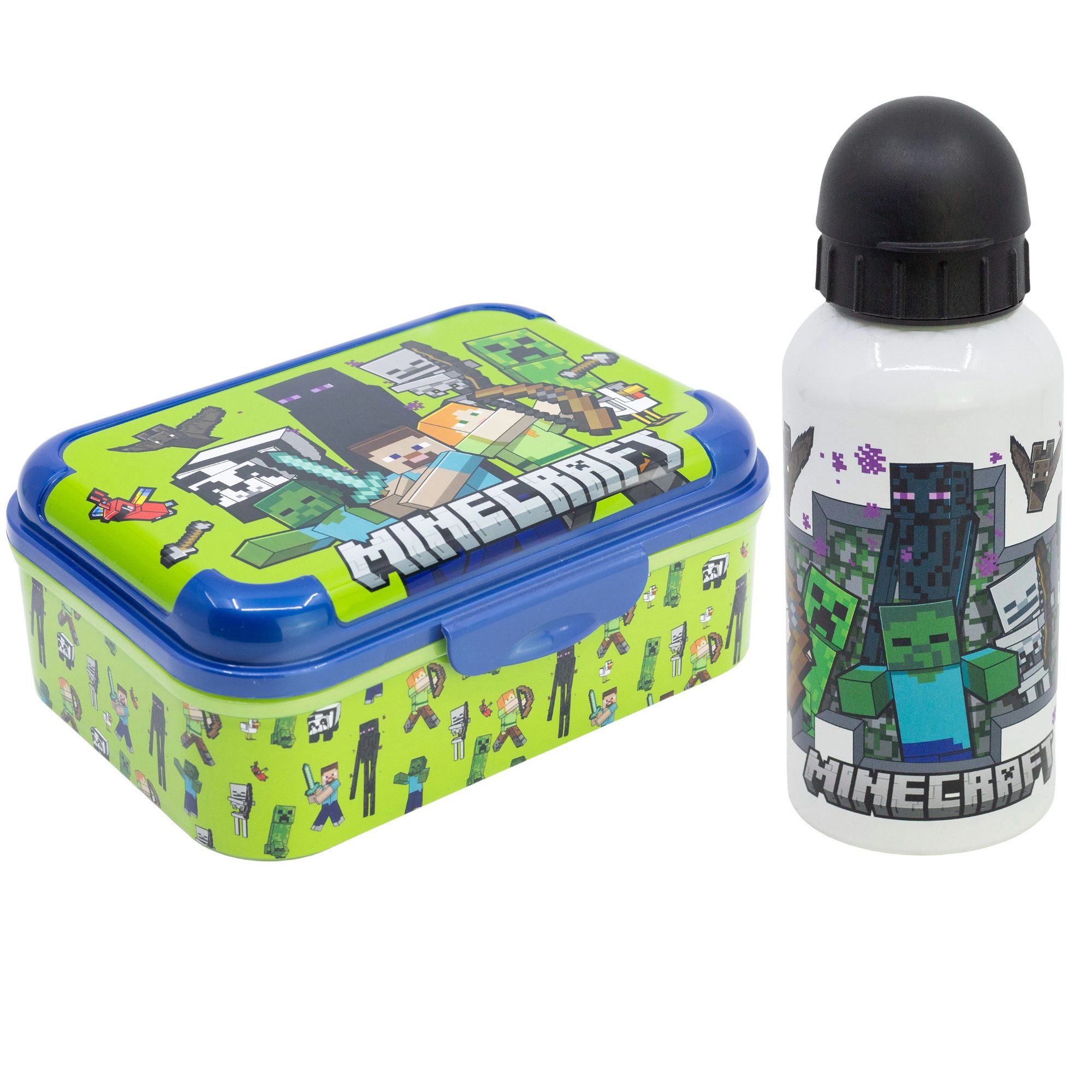Minecraft Lunchbox Minecraft Steve Creeper Kinder 2 tlg.Set Brotdose Alu-Trinkflasche, (2-tlg., Spar-Set)