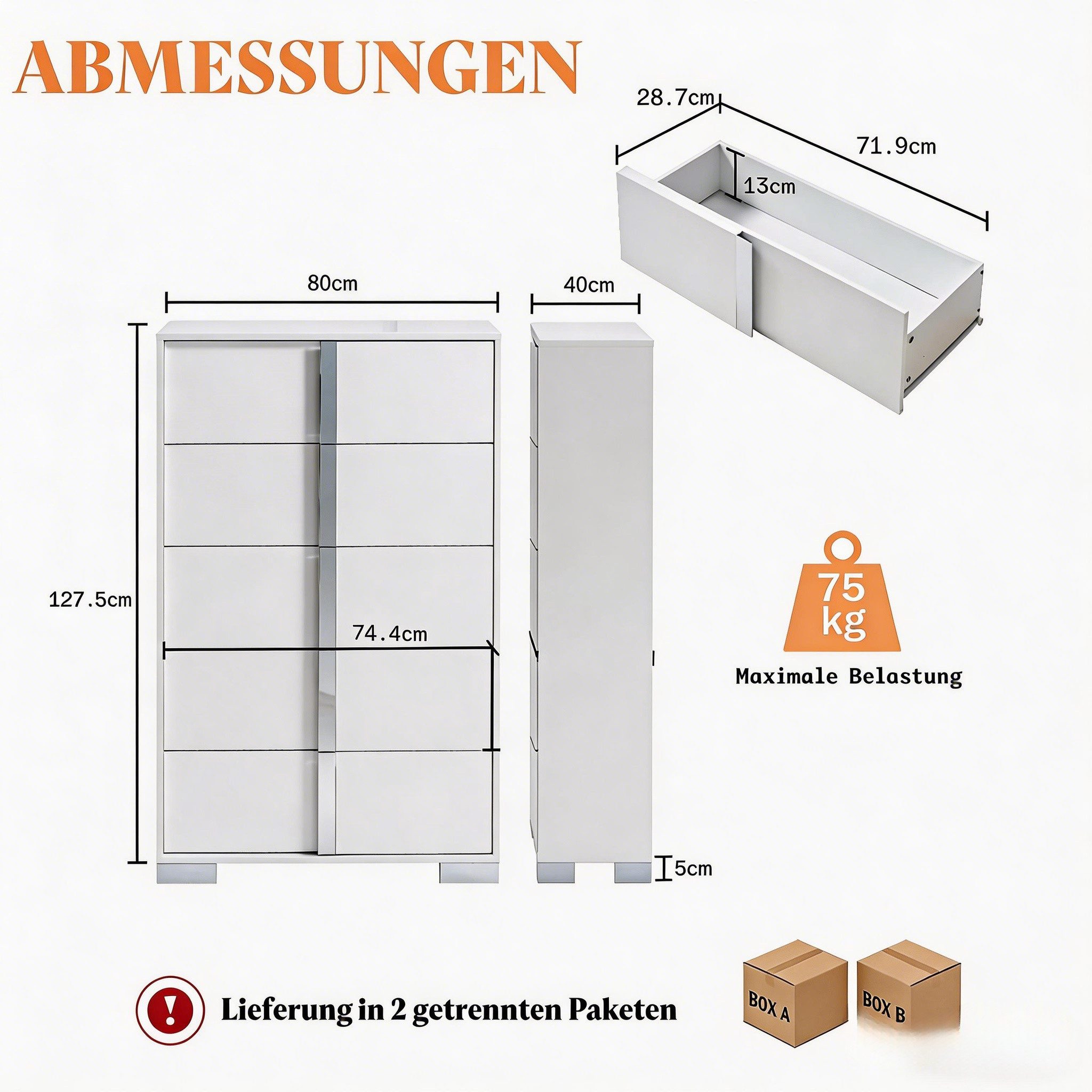 AMERLIFE Kommode Weiß Hochglanz 80x40x127,5 cm mit 5 Schubladen und Anti-Kippschutz (1 St)