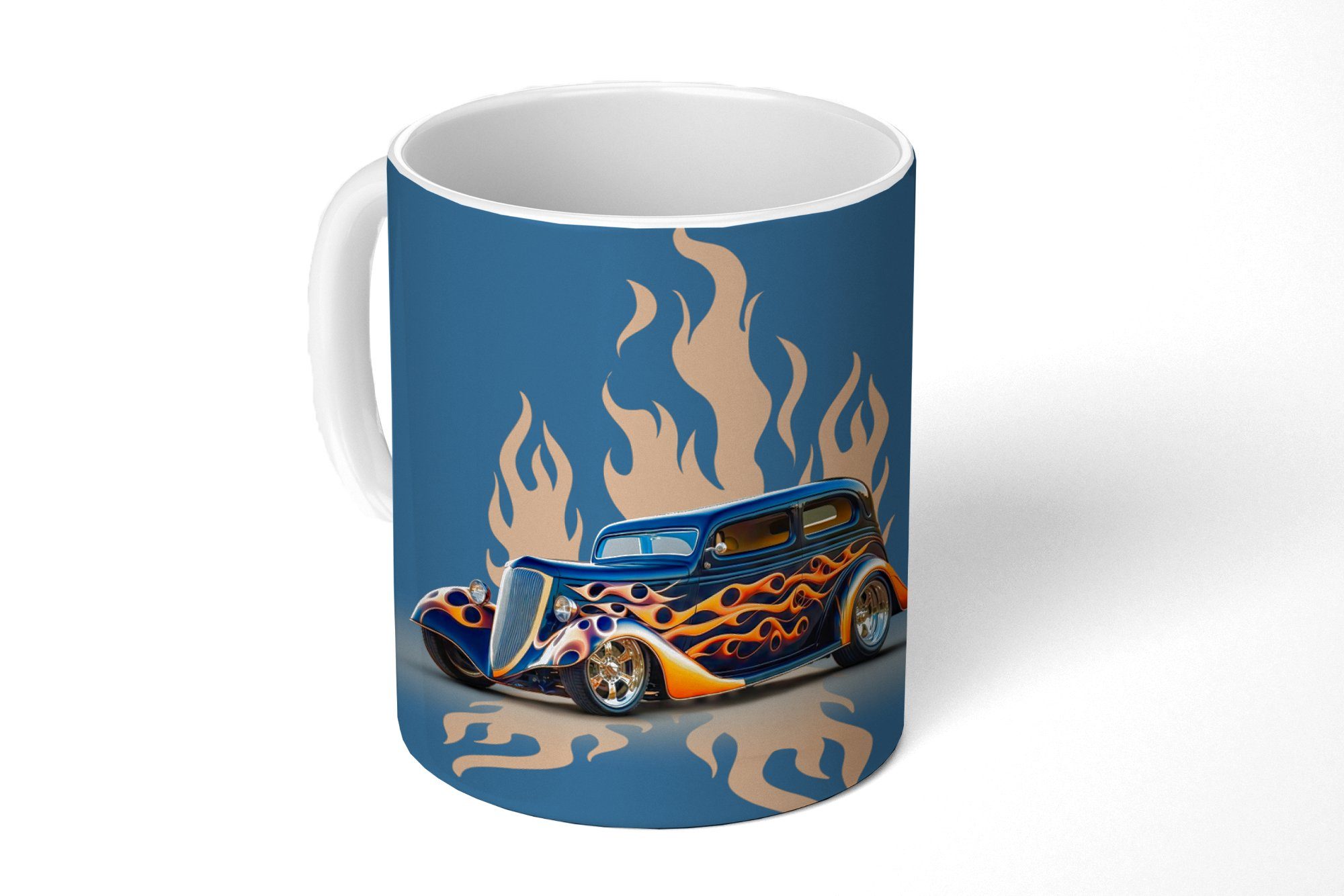 MuchoWow Tasse Auto - Oldtimer - Blau - Flammen, Keramik, Kaffeetassen, Teetasse, Becher, Teetasse, Geschenk