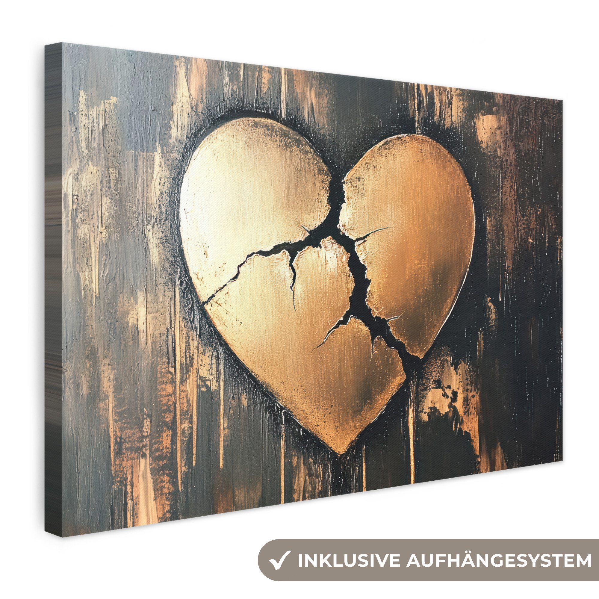 OneMillionCanvasses® Leinwandbild Gebrochenes Herz - Gold - Holzoptik - Liebe, Fotodruck (1 St), Leinwand Bilder Klein, Wand Dekoration Aesthetic 30x20 cm