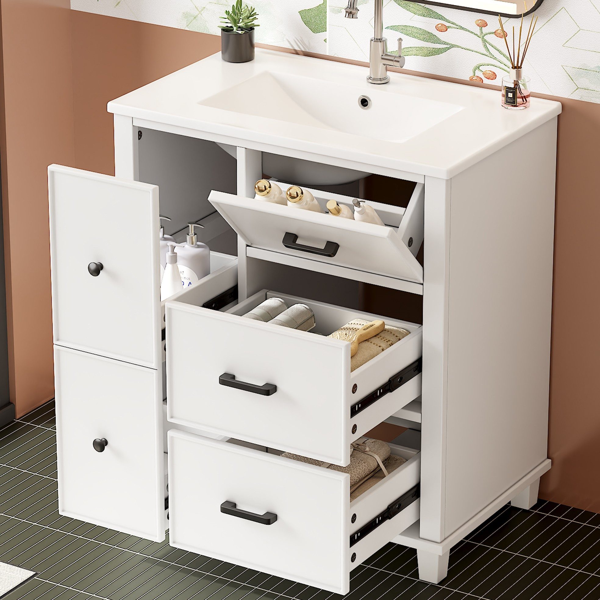 Flieks Waschtisch mit 4 Schubladen & 1 Klappen Waschbeckenunterschrank mit Waschbecken (B76,5/T47/H83,5 cm, 1-St., bodenstehend, geräuscharme Gleitschienen), Badezimmerschrank mit Keramikbecken Badmöbel Volllackierung Weiß