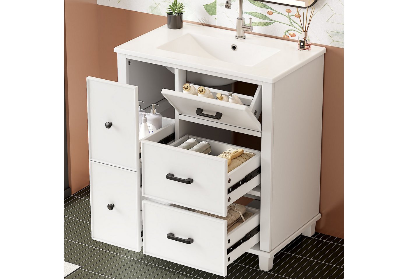 Flieks Waschtisch mit 4 Schubladen & 1 Klappen Waschbeckenunterschrank mit Waschbecken (B76,5/T47/H83,5 cm, 1-St., bodenstehend, geräuscharme Gleitschienen), Badezimmerschrank mit Keramikbecken Badmöbel Volllackierung Weiß