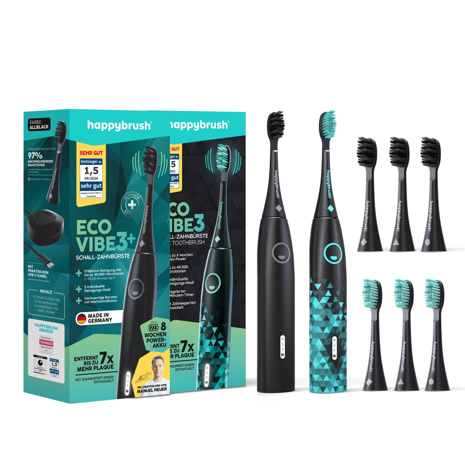 happybrush Schallzahnbürste Eco Vibe 3 Partnerset AllBlack/Black-Mint – TESTSIEGER - 8 Wochen Akku, Aufsteckbürsten: 9 St., Eco Vibe 3, 3 individuelle Putz-Modi, Schalltechnologie