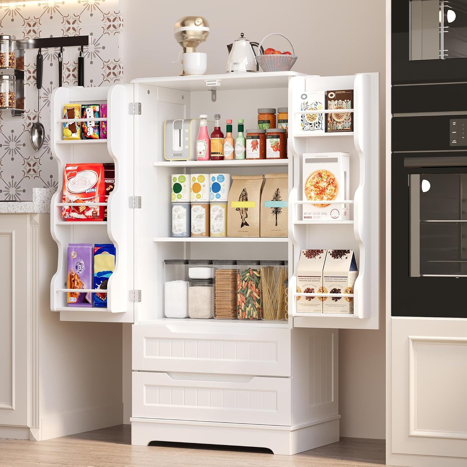 Blishom Sideboard Vorratsschrank Küchenschrank mit 2 Schubladen 2 Türen 60x40x120 cm, Esszimmer Buffetschrank Küchen-Vorratsschrank mit Kühlschranktür – Bild 4 von 5