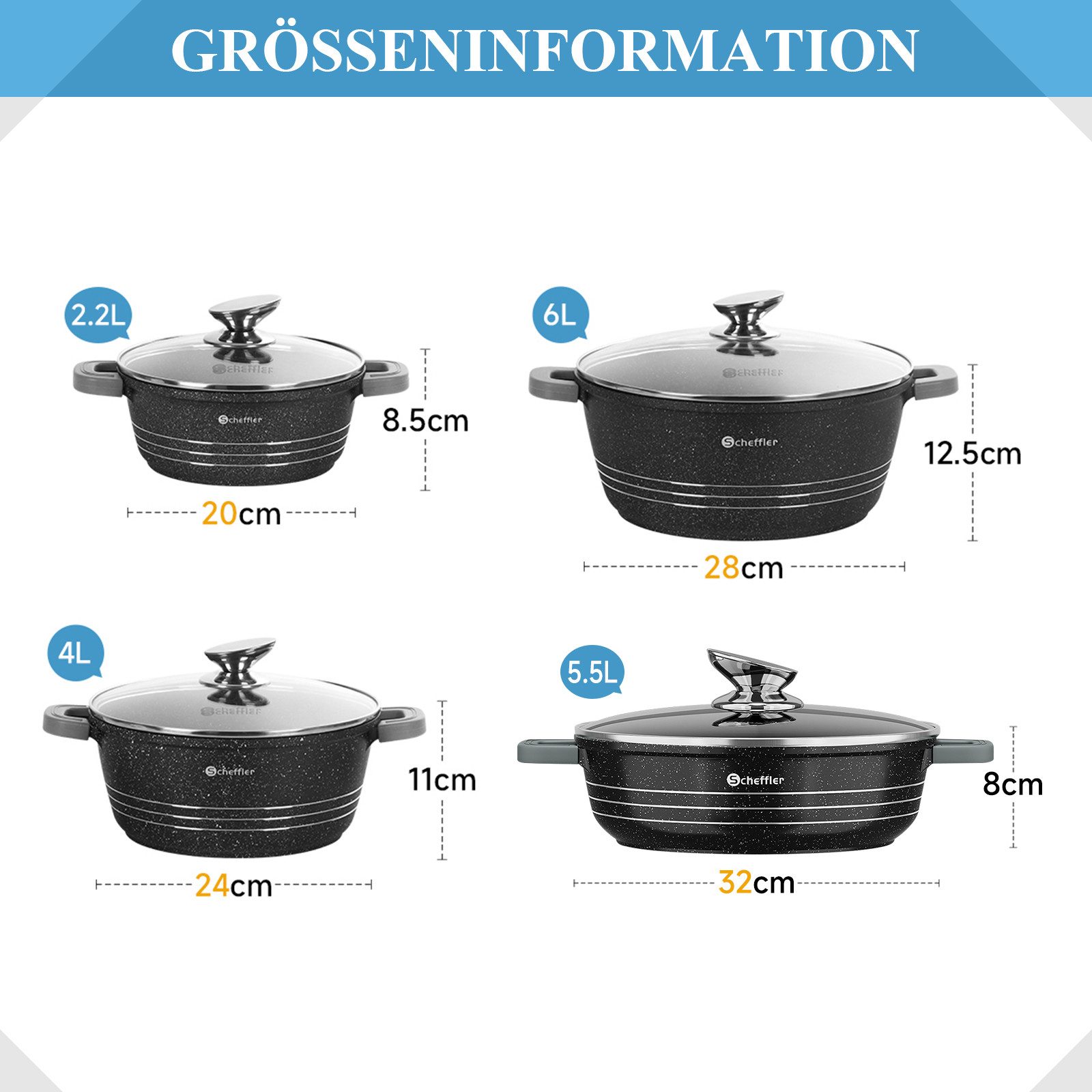 Scheffler Topf-Set Kochtopf Set Induktions Antihaftbeschichtung Töpfe Set mit Glasdeckel, Aluminium (8-tlg., Topf), Induktionsgeeignet