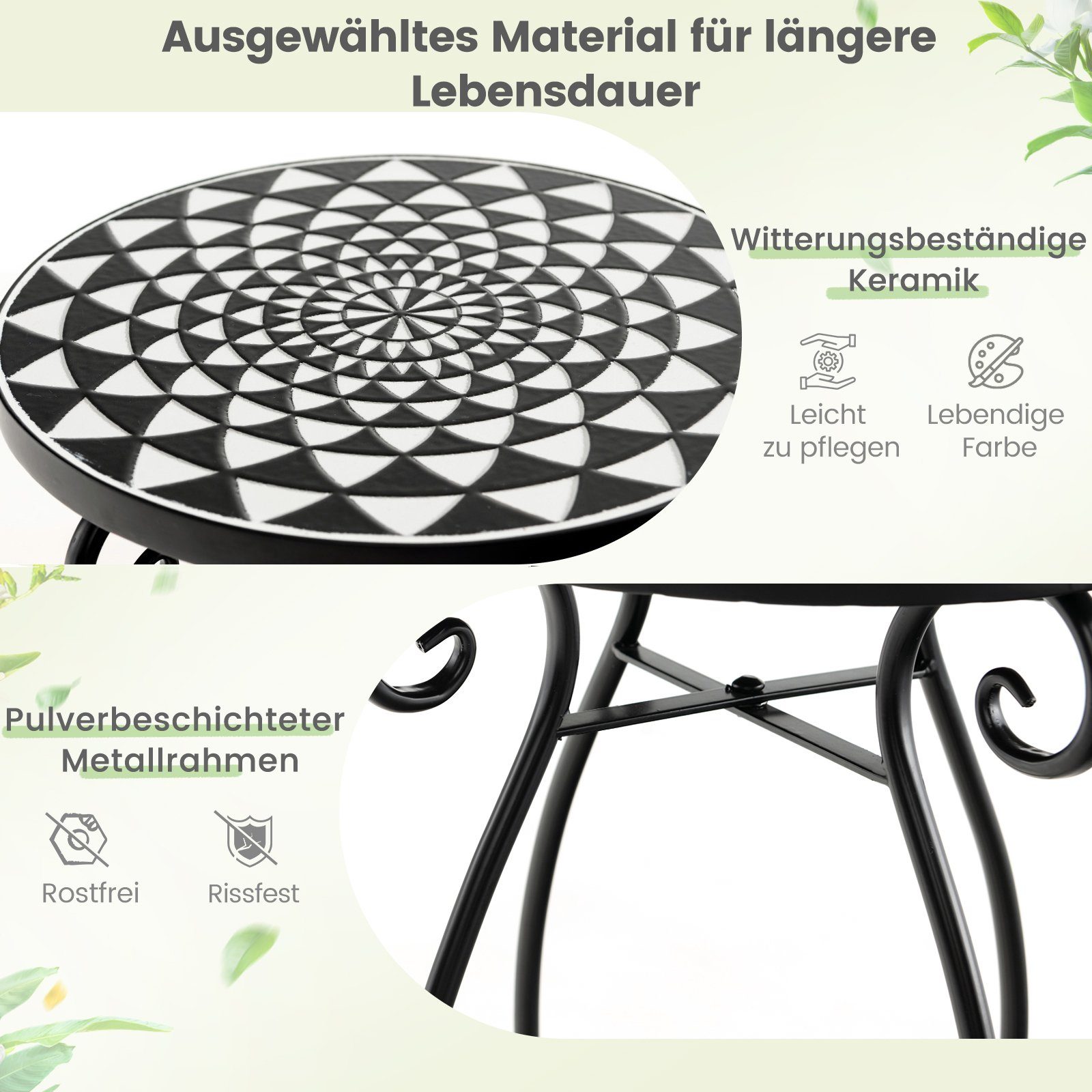 COSTWAY Gartentisch, & Metall ∅30x50cm rund Mosaiktisch Keramik, aus Schwarz, Weiß