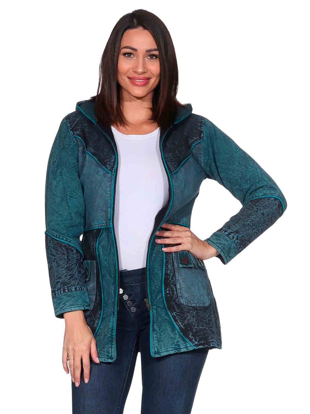 KUNST UND MAGIE Langjacke Vintage Damen Kurz Mantel + Kapuze Stonewashed Jacke Baumwolle Boho Vintage Stonewashed