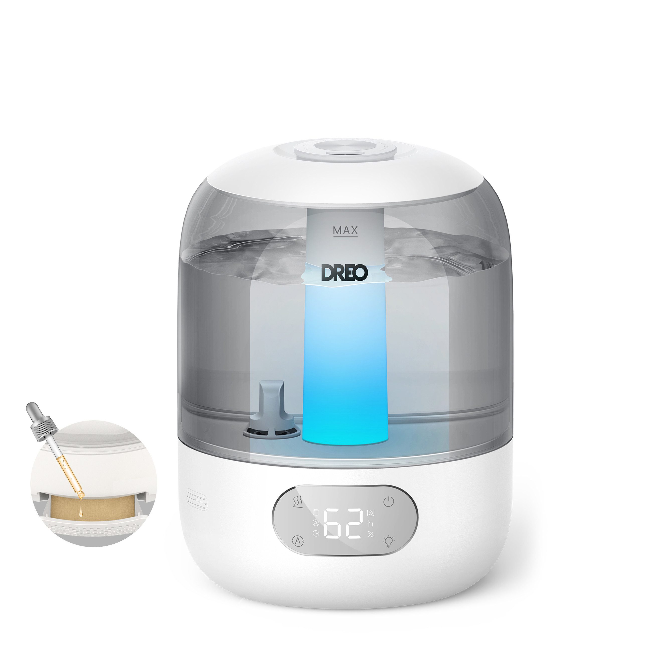 Dreo Увлажнитель воздуха 3L Top-Fill, 30h Laufzeit, leise, mit Sensor und Nachtlicht, 30-hour timer,Adjustable Humidity Control, Adjustable moisture control