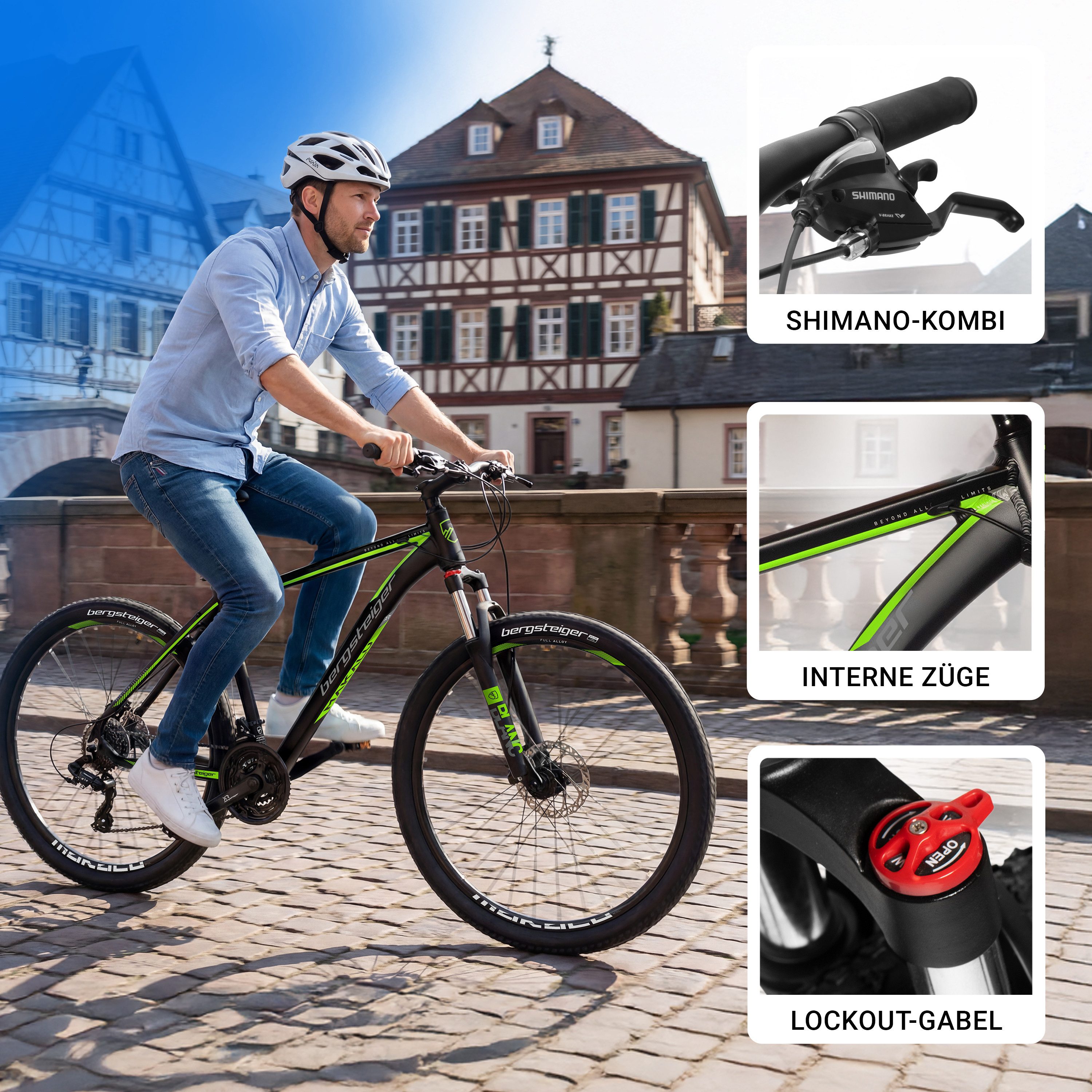 bergsteiger Mountainbike Makalu 26, 29 Zoll Mountainbike Alu, geeignet ab 150 cm, Damen, Herren, 21 Gang Shimano Tourney RD-TY300 Schaltwerk, Kettenschaltung, Scheibenbremsen