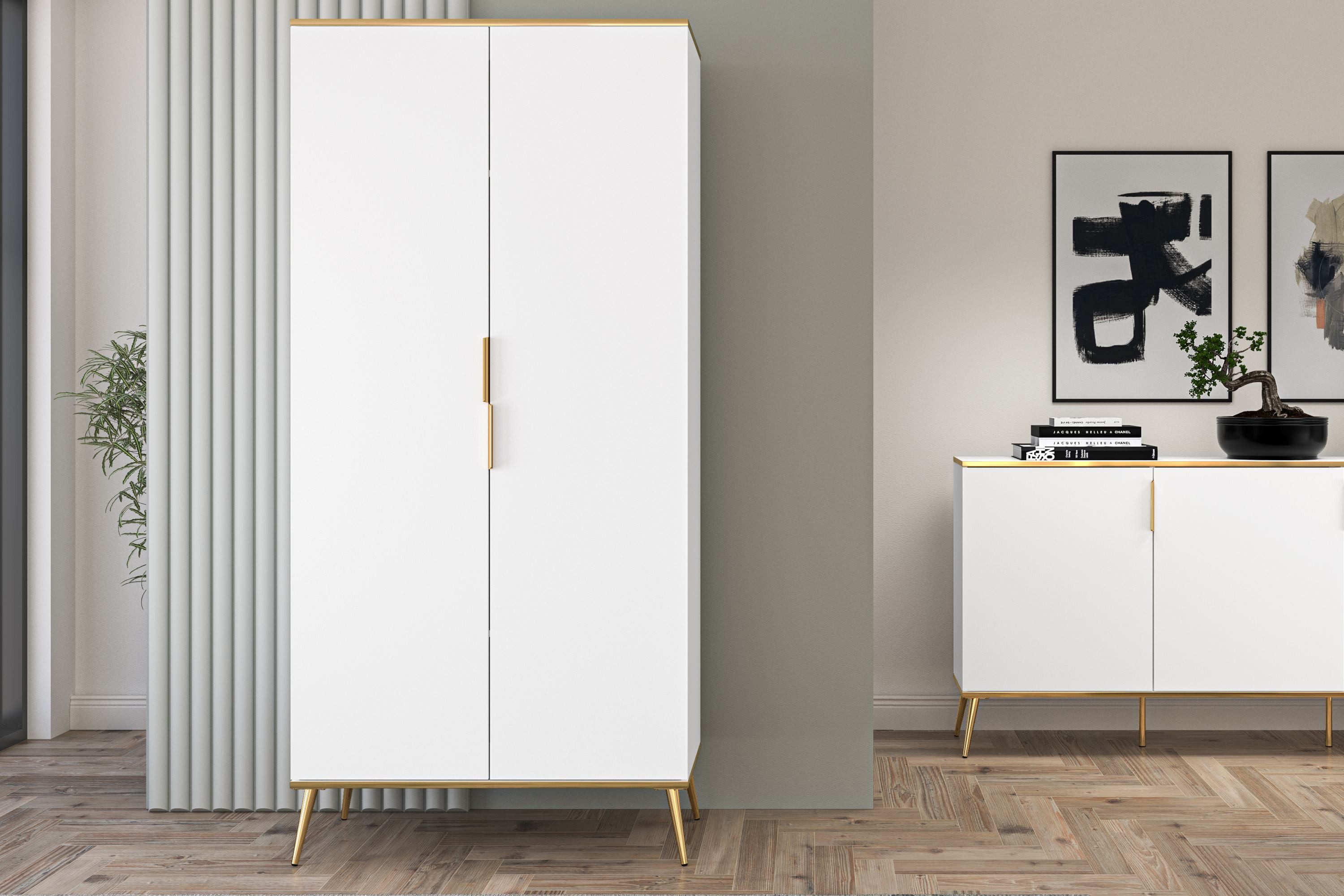 KONSIMO® Kleiderschrank VELTI Drehtürenschrank, hergestellt in der EU Soft-Close-Funktion, Elegant, weiß matt, mit Goldelementen