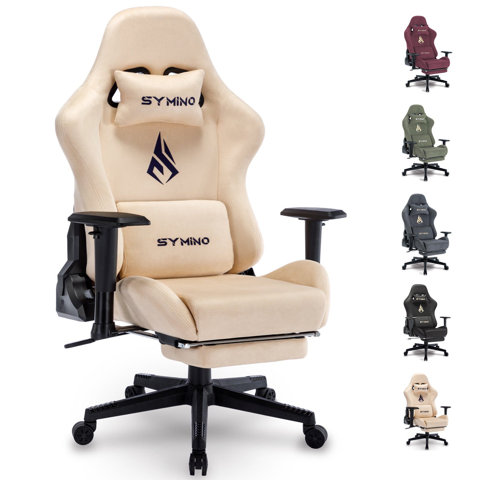 symino Gaming-Stuhl Drehstuhl, verstellbare Armlehnen und Rückenlehne, Memory Foam Kissen mit Fußstütze, Cremefarbe