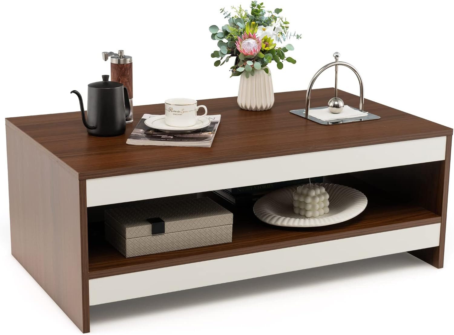 KOMFOTTEU Couchtisch Beistelltisch, mit 2 Ablagen, aus Holz