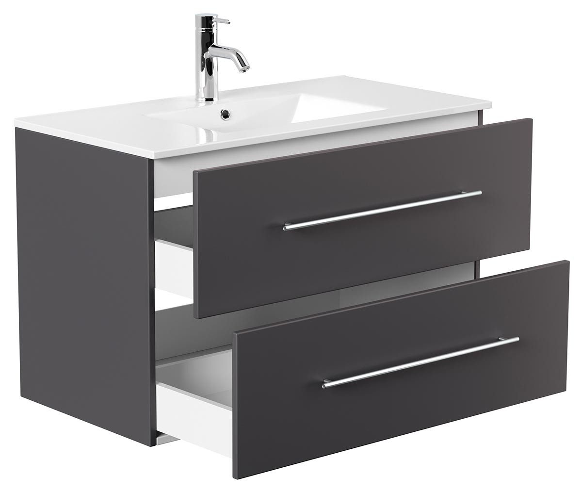 einfachgutemoebel Waschtisch-Set KUBOA Waschplatz 90cm Grafit Seidenmatt Keramikbecken, (Badmöbel Set, 1-St., Waschtisch Set)