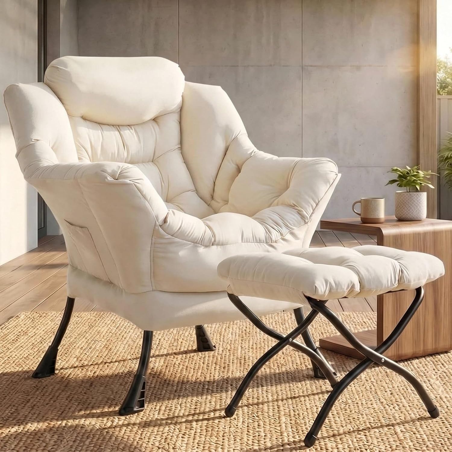 TLGREEN Loungesessel mit klappbarem Fußhocker, ergonomisch Relaxsessel, (Großliegestuhl mit rutschfesten Füßen, Seitentasche und 150 kg Tragkraft, leicht zu reinigendes Material), ideal für Wohnzimmer, Schlafzimmer und Arbeitszimmer
