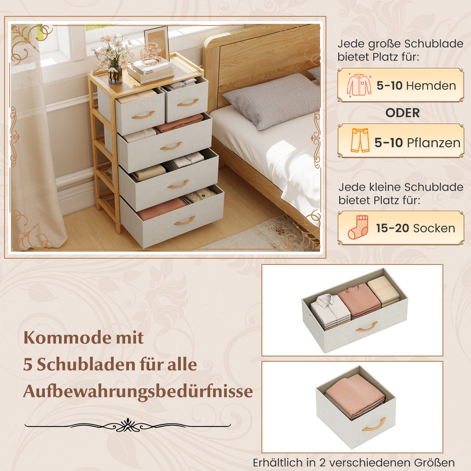 COSTWAY Kommode, Schubladenschrank mit 5 faltbaren Stoffschubladen Bambus