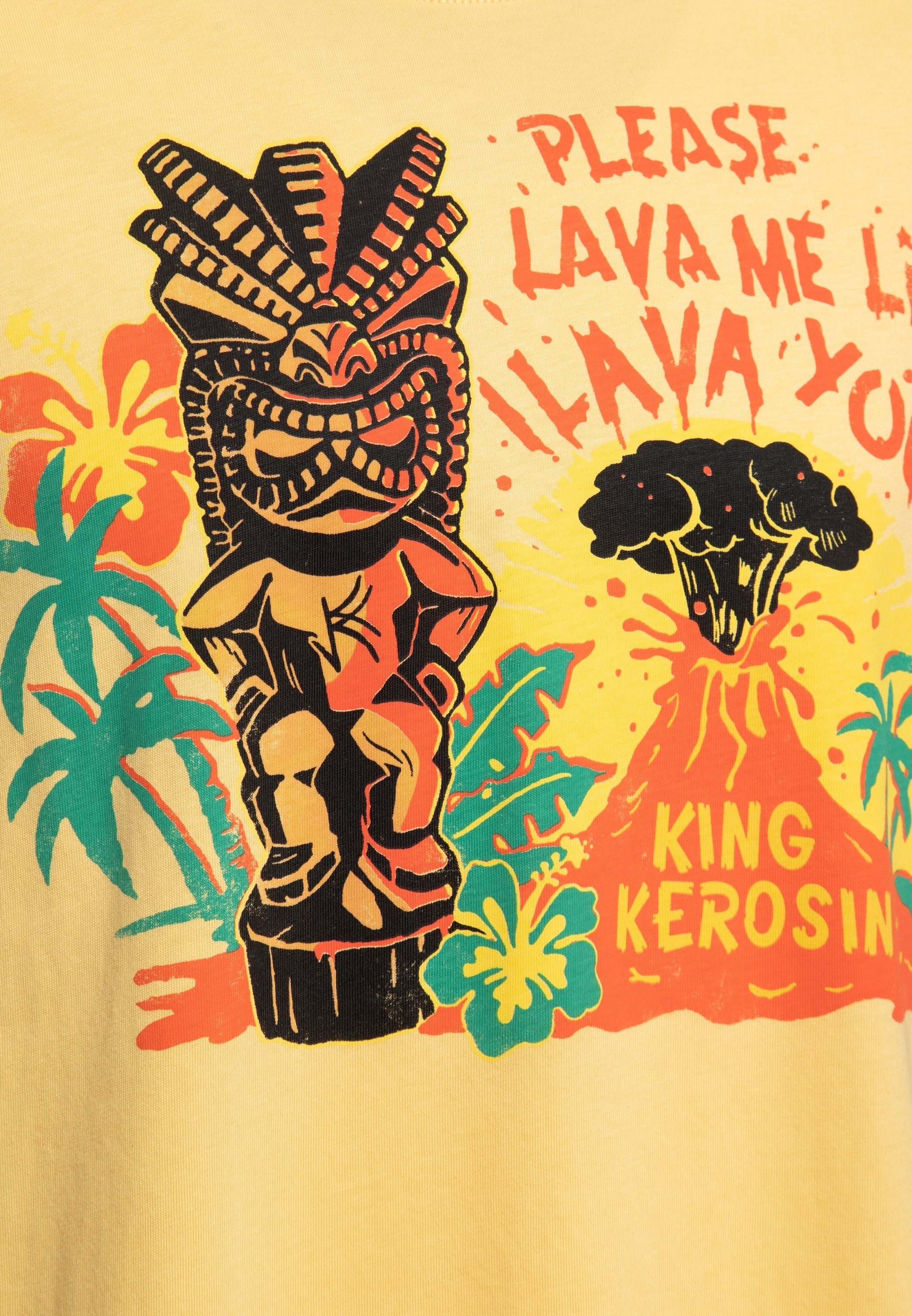 Print gelb im Design Print-Shirt (1-tlg) Retro mit "Hawaii-Tikki" KingKerosin Front Lava