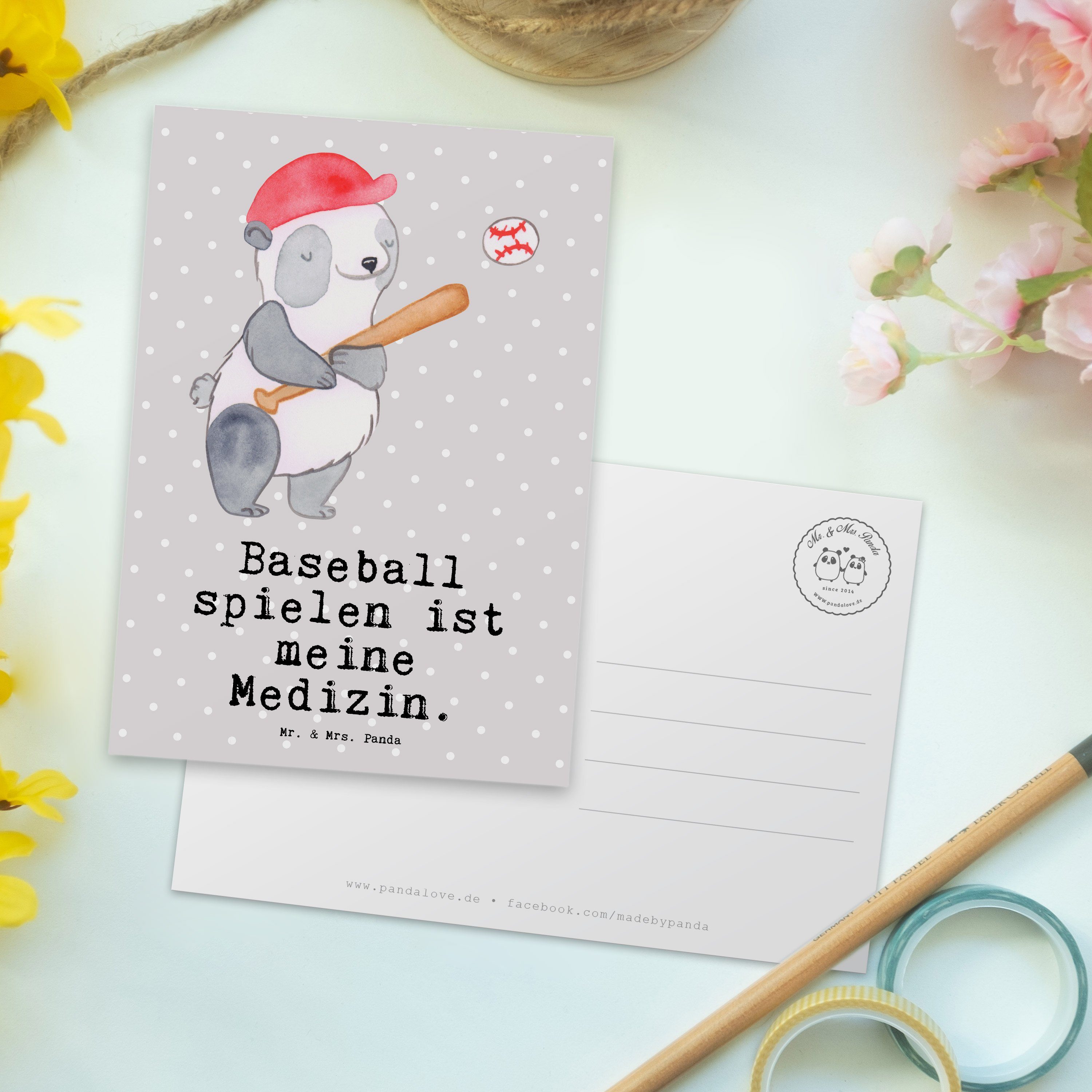 Mr. & Mrs. Panda Panda spielen Medizin Einl Pastell Postkarte Geschenk, Baseball - Grau - Sport