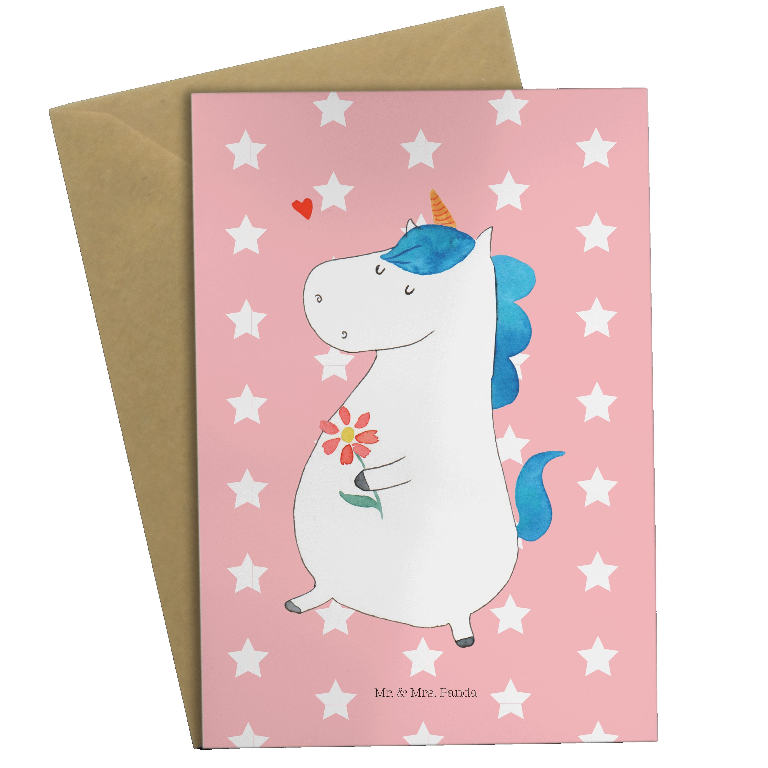 Mr. & Mrs. Panda Grußkarte Einhorn Spaziergang - Rot Pastell - Geschenk, Glückwunschkarte, Pegas