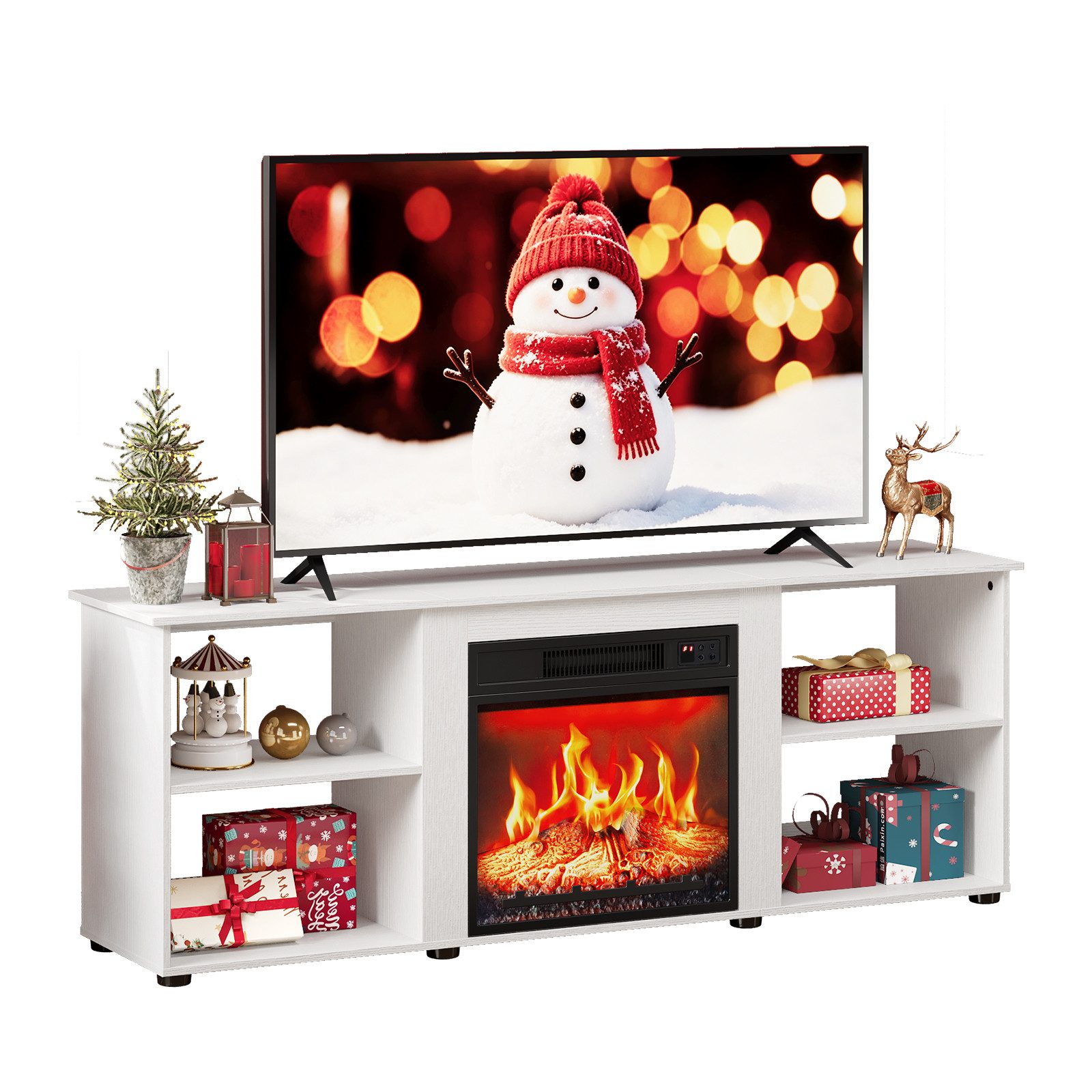 VINGLI TV-Schrank mit Kamin, Lowboard 6 LED-Flammenfarben Weiß/rustikales Braun/rustikales Grau