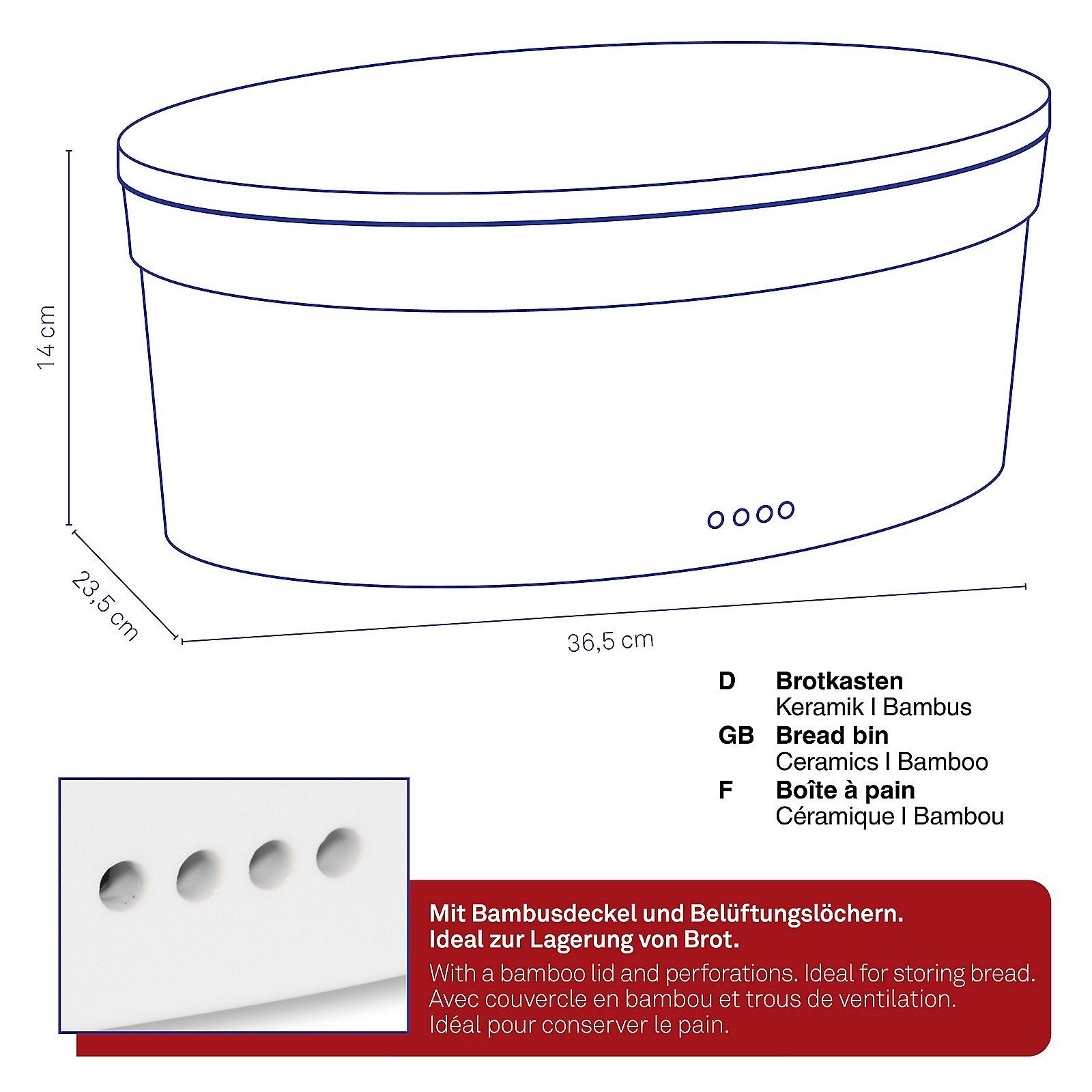 kela Brotkasten Salena, Keramik, seitliche Luftlöcher, stabiler abnehmbarer Deckel