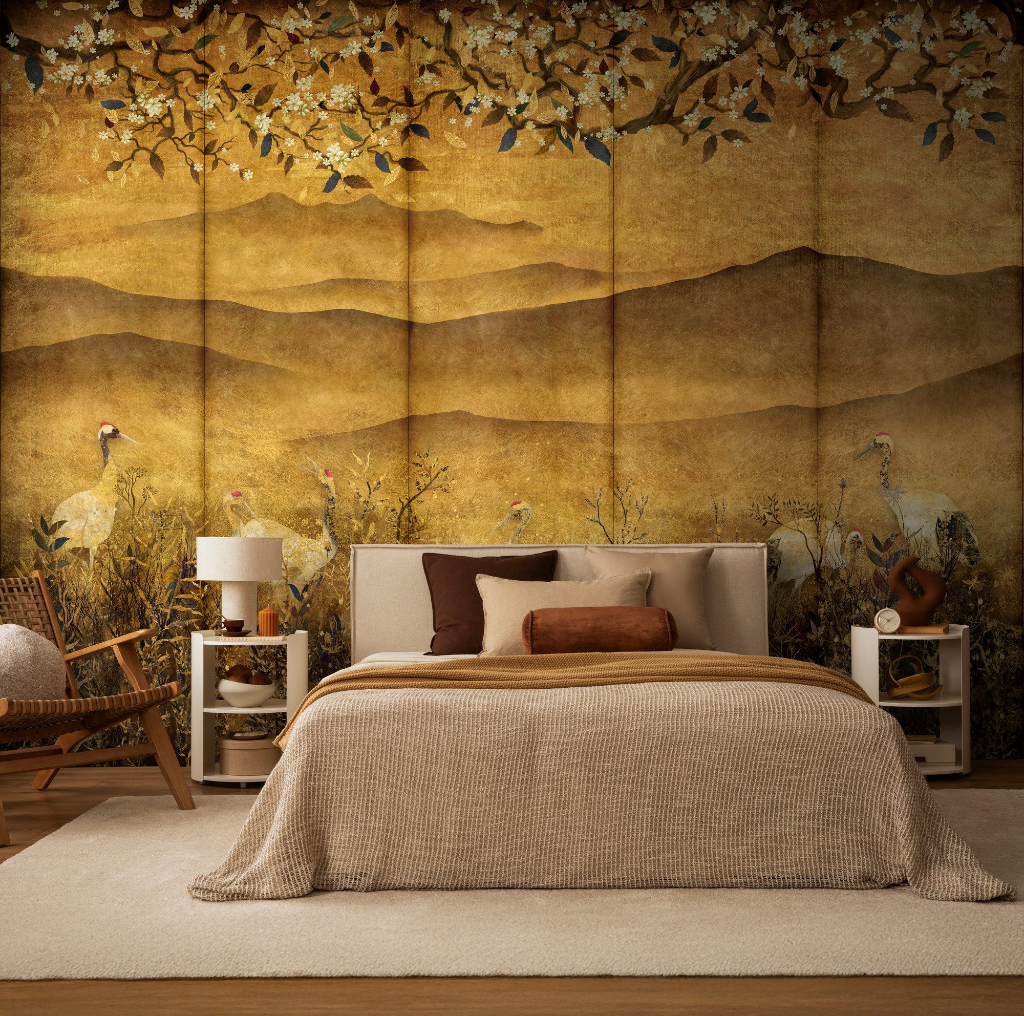 living walls Fototapete The Wall 4 Flowers – Goldene Berge mit Blüten und Vögeln Fototapete, leicht strukturiert, floral, matt, botanisch, (1 St), Goldene Berge mit Blüten und Vögeln – atmosphärischer Tiefe