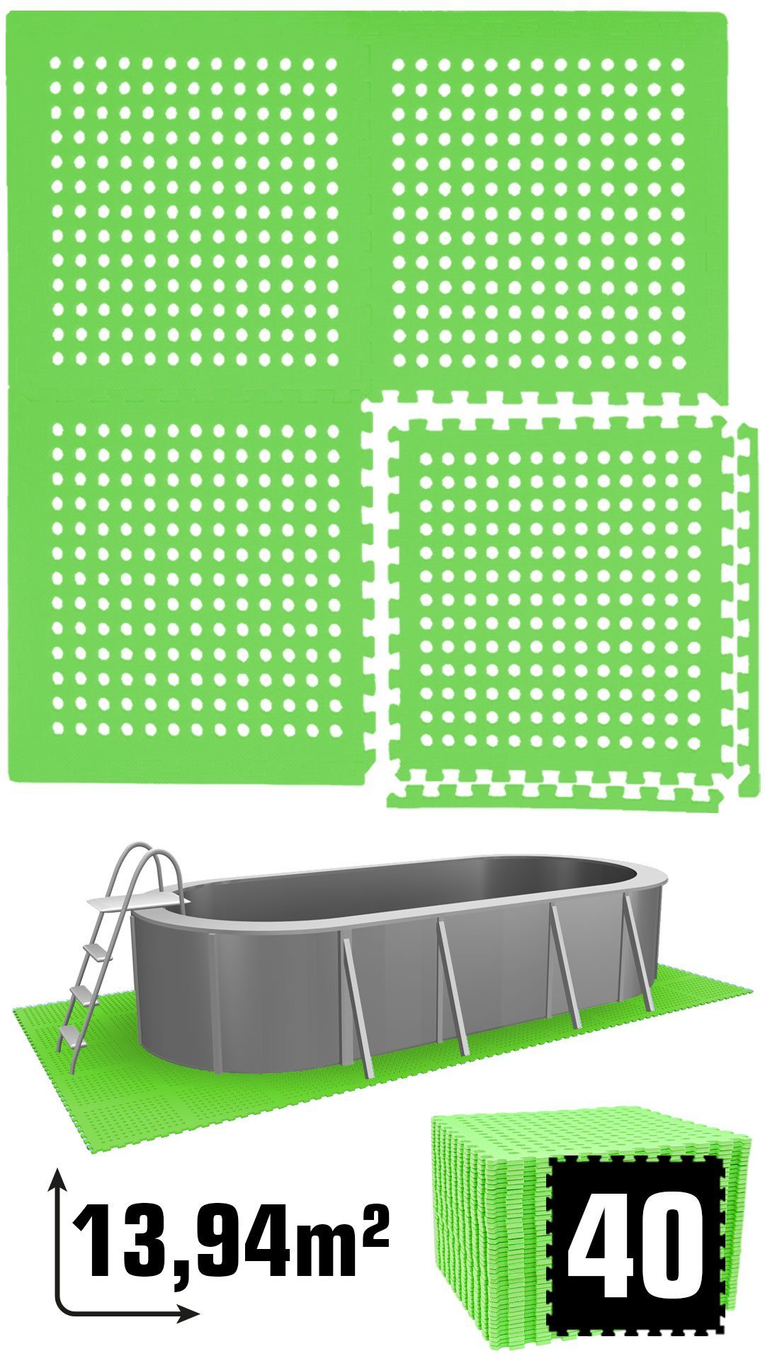 eyepower Bodenmatte 13,9 m² Poolunterlage - 40 EVA Matten 62x62 - Unterlegmatten Set Pool, Stecksystem rutschfest Grün