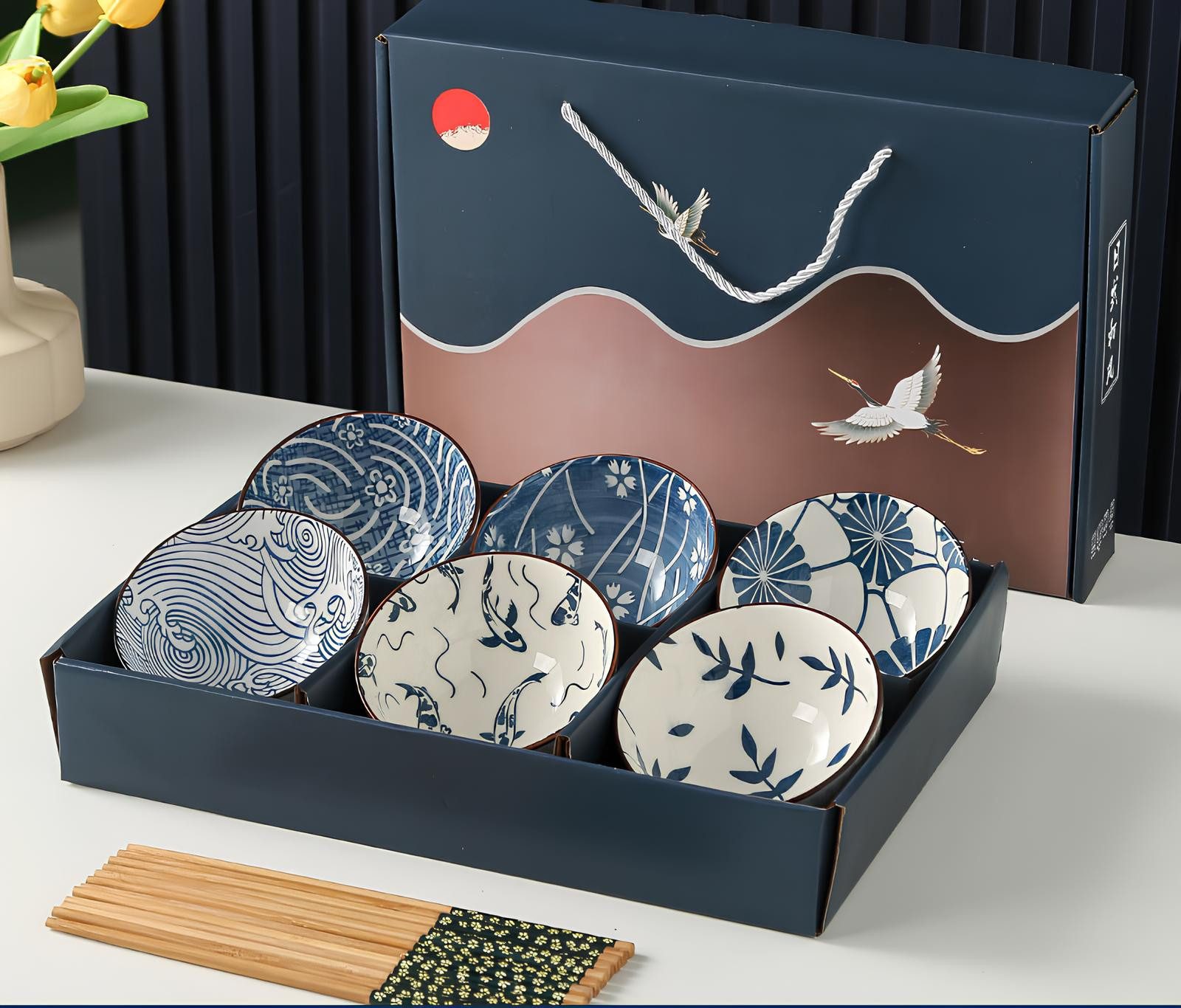 Caterize Schüssel Keramik-Snackschüsseln 6er Set im japanischen Stil, Blau Weiß Schalen, Keramik, (6-tlg)