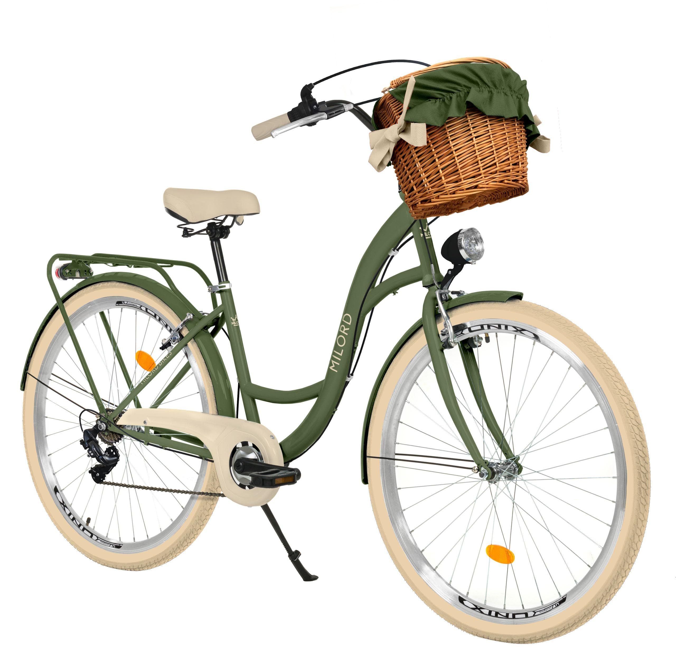 Milord Cityrad Milord City Fahrrad Weidenkorb Damen, 28/26 Zoll, Grün-Creme, 7-Gang, 7 Gang, (Fahrradständer, Gepäckträger, Klingel, Korb, Kotflügel)