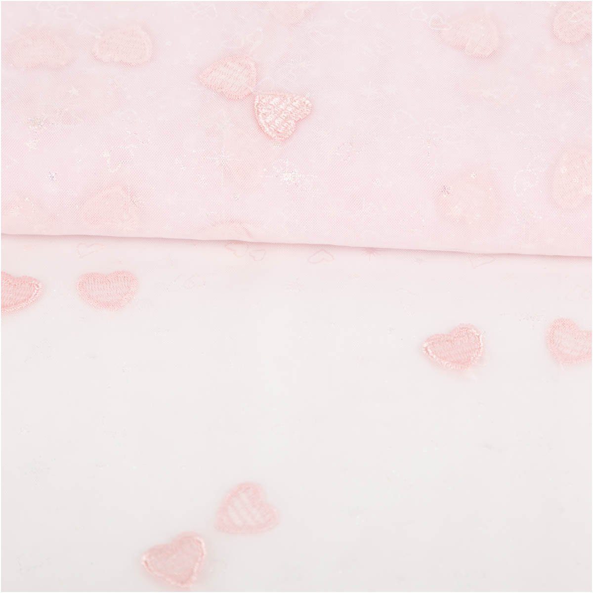 SCHÖNER LEBEN. Stoff Tüll Stoff Meterware Herzchen Stickerei & Glitzer rosa 125cm, pflegeleicht,bestickt,mit Metallic-Effekt