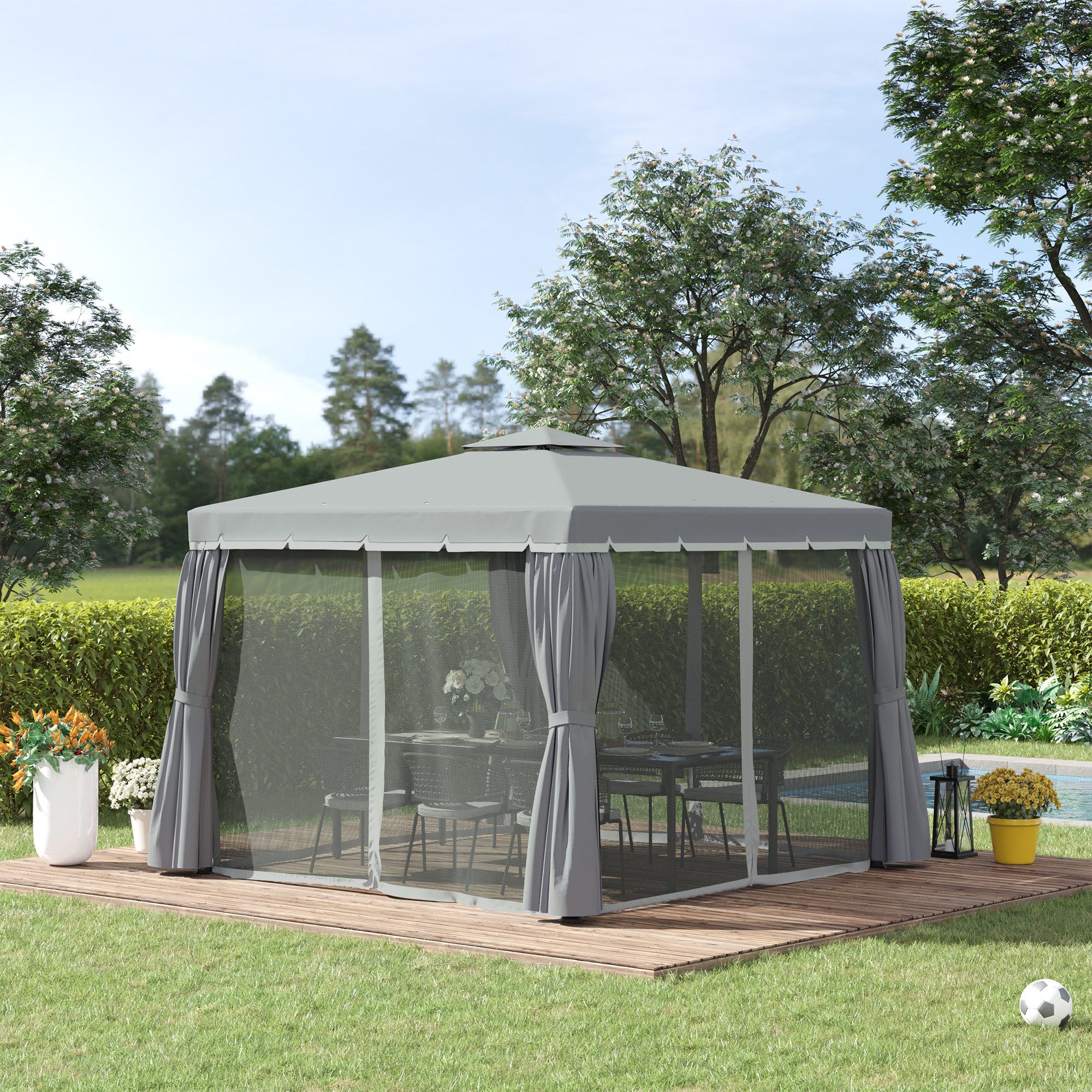 Outsunny Pavillon Gartenzelt mit Doppeldach Festzelt Moskitonetz wetterfest, mit 4 Seitenteilen, (Gartenpavillon, Pavillon), für Garten, Dunkelgrau
