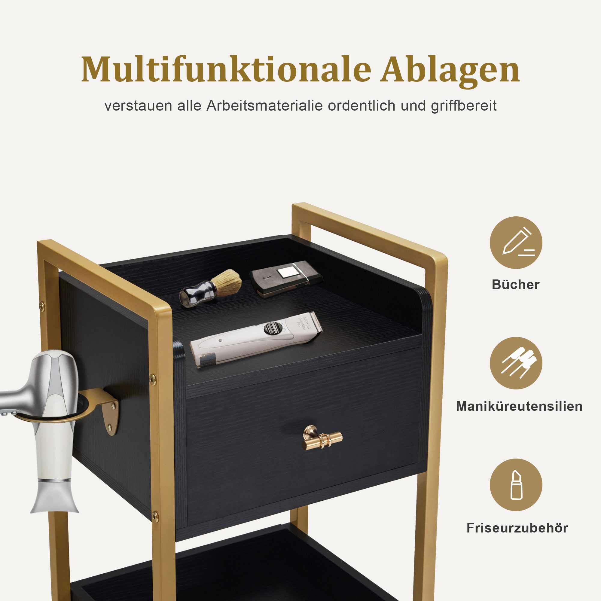 MCombo Servierwagen M MCombo Friseurwagen mit Rollen & 3 Schubladen, Servierwagen 0022, mit Rollen, 3 Schubladen, 2 Ablagen, Getränkehalter – Bild 3 von 5