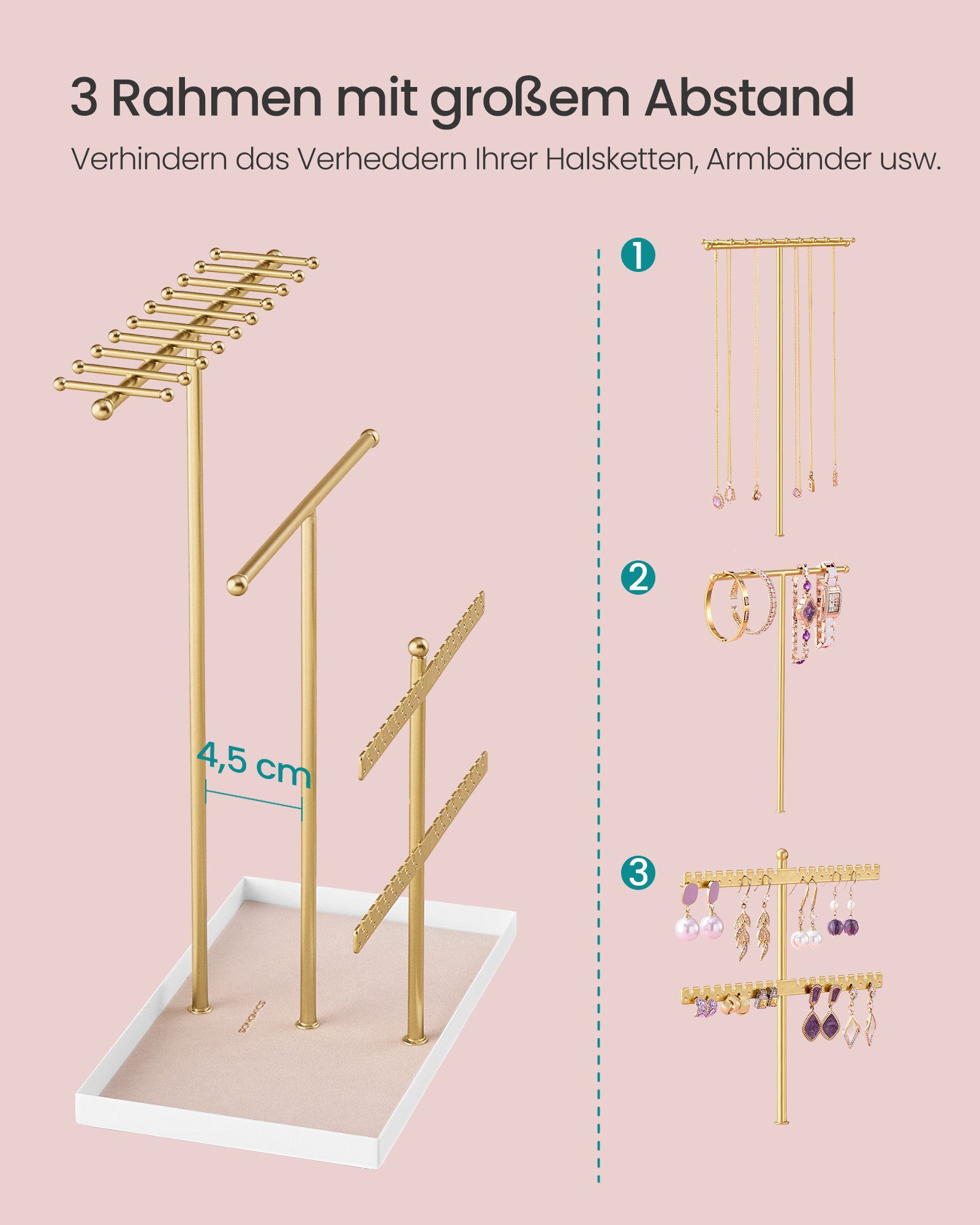 SONGMICS Schmuckständer Schmuckhalter, Metallrahmen, Geschenkidee, Schmucktablett Samt, Schmuckaufbewahrung für Halsketten Armbänder Ohrringe Ohrstecker Ringe